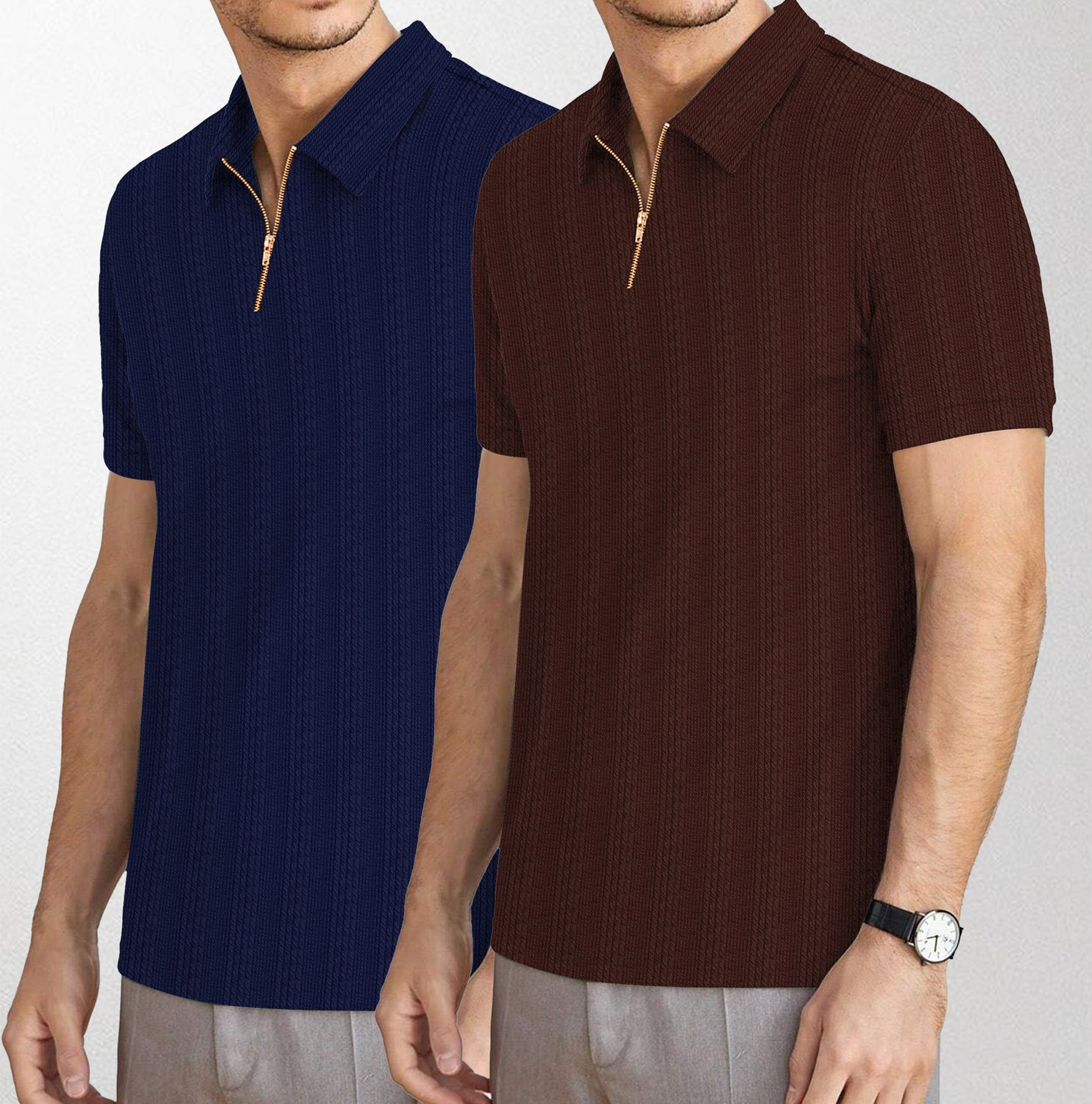 Image of KAJARU Self Design Men Zip Neck Blue, Brown T-Shirt