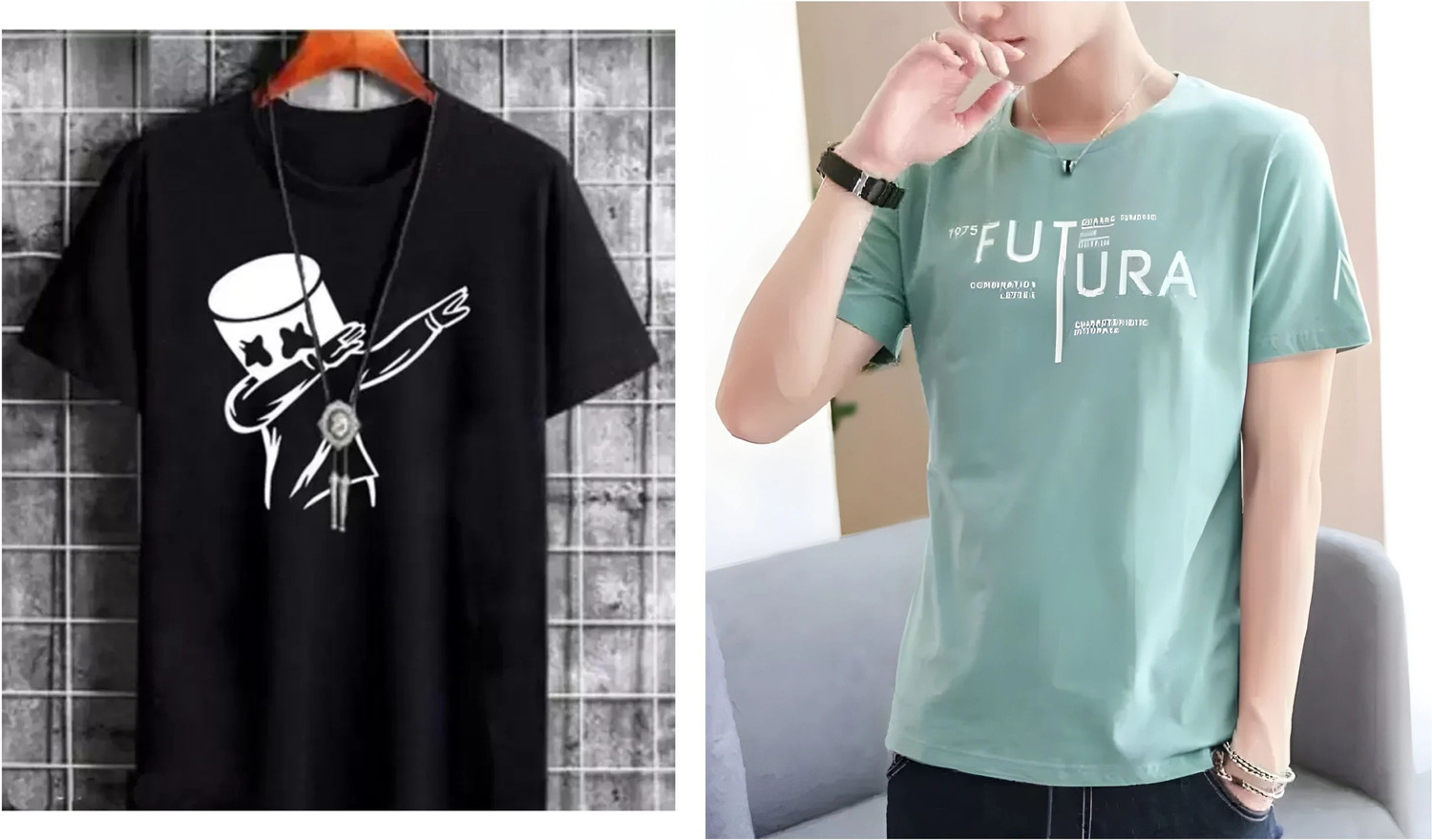 Image of Meetri Graphic Print Men Round Neck Black, Light Green T-Shirt