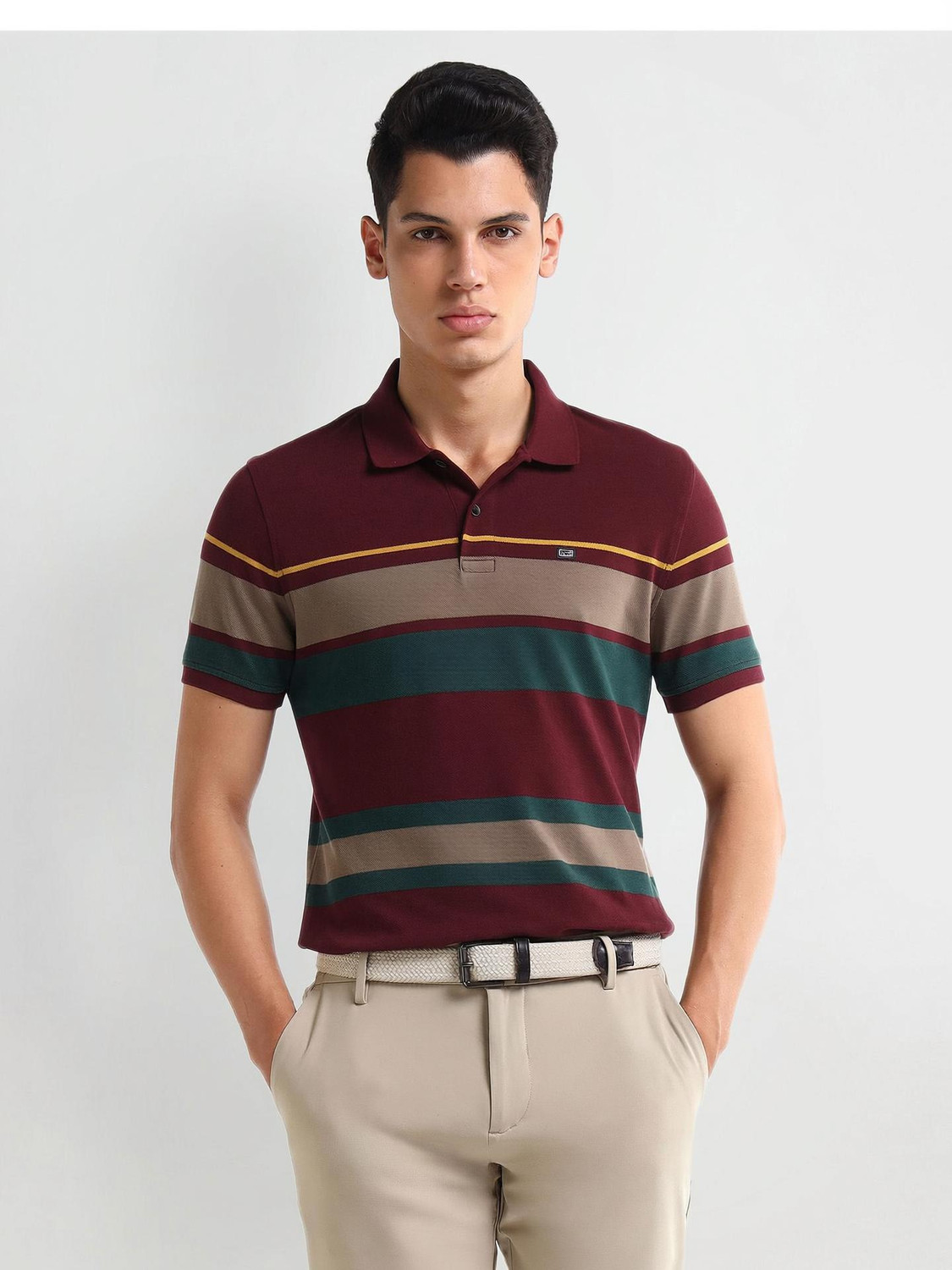 Image of ARROW Striped Men Polo Neck Multicolor T-Shirt