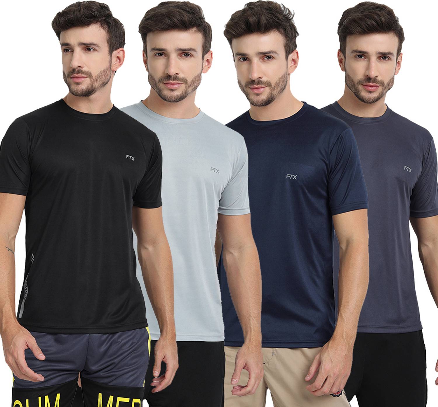 FTX Pack of 4 Men Solid Round Neck Polyester Multicolor T-Shirt