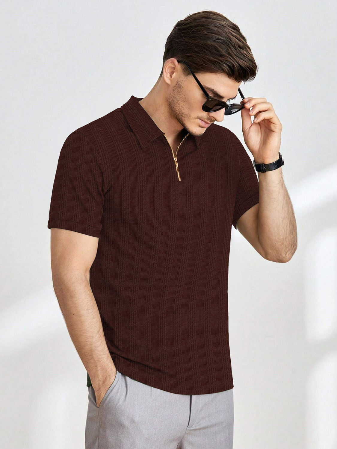 Image of KAJARU Self Design Men Zip Neck Brown T-Shirt