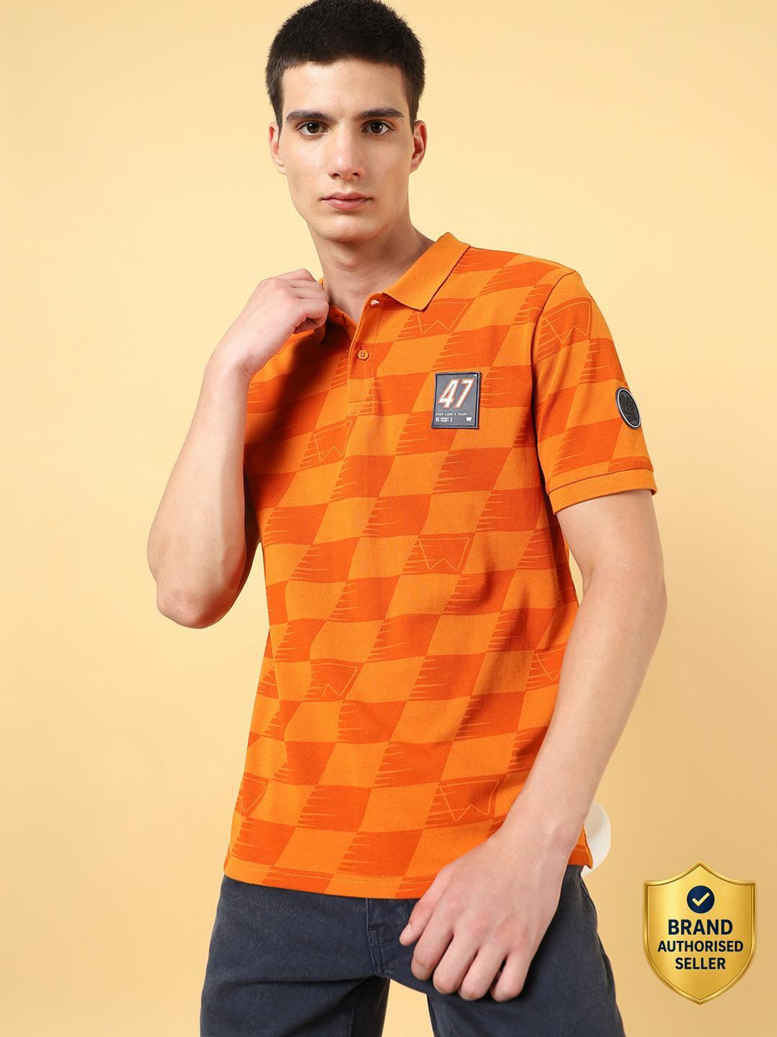 Image of Wrangler Printed Men Polo Neck Orange T-Shirt