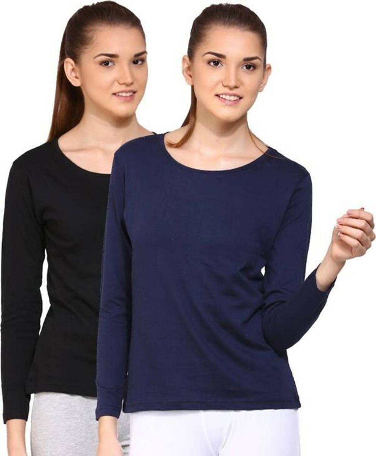 AFCollection Solid Women Round Neck Black, Dark Blue T-Shirt