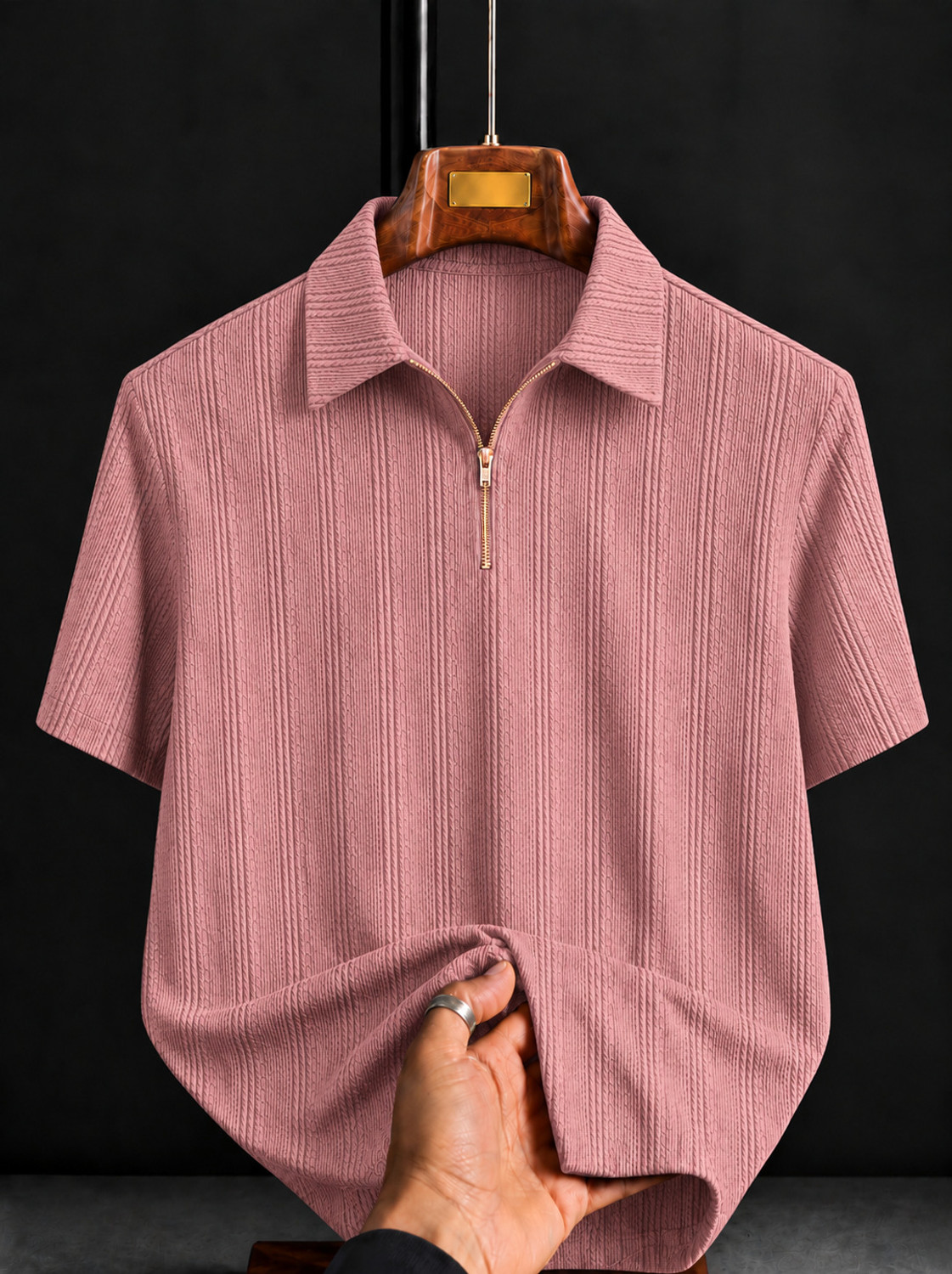 Image of COMBRAIDED Self Design Men Polo Neck Pink T-Shirt
