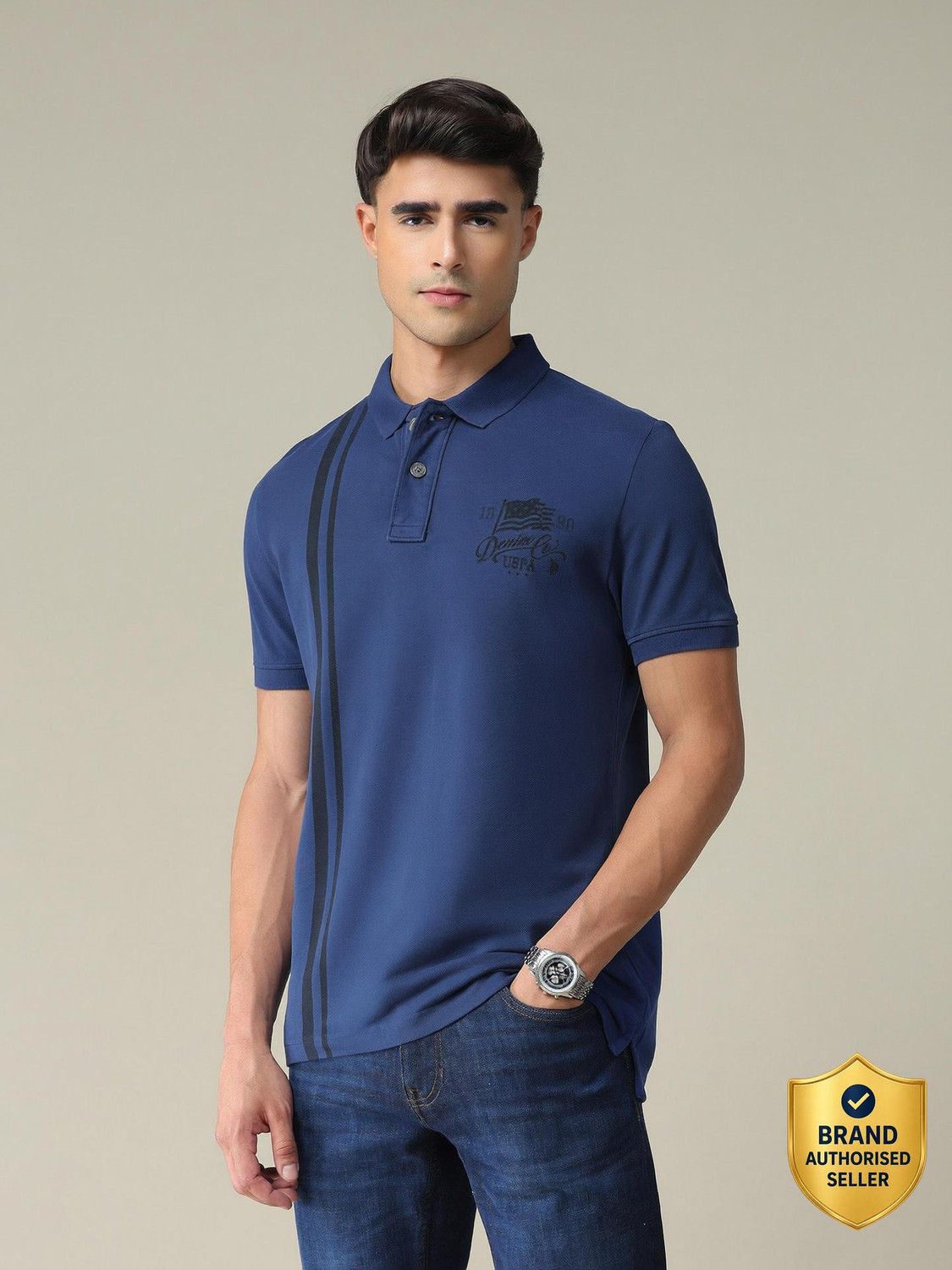 Image of U.S. POLO ASSN. Solid Men Polo Neck Blue T-Shirt