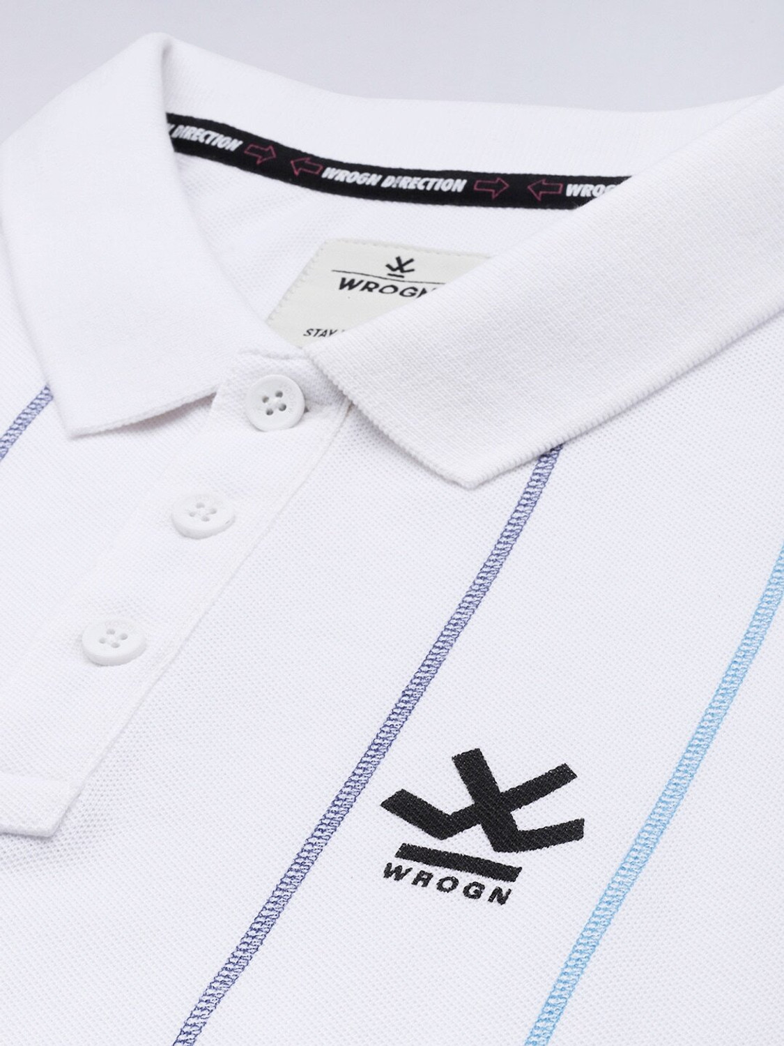 Image of WROGN Striped Men Polo Neck White T-Shirt
