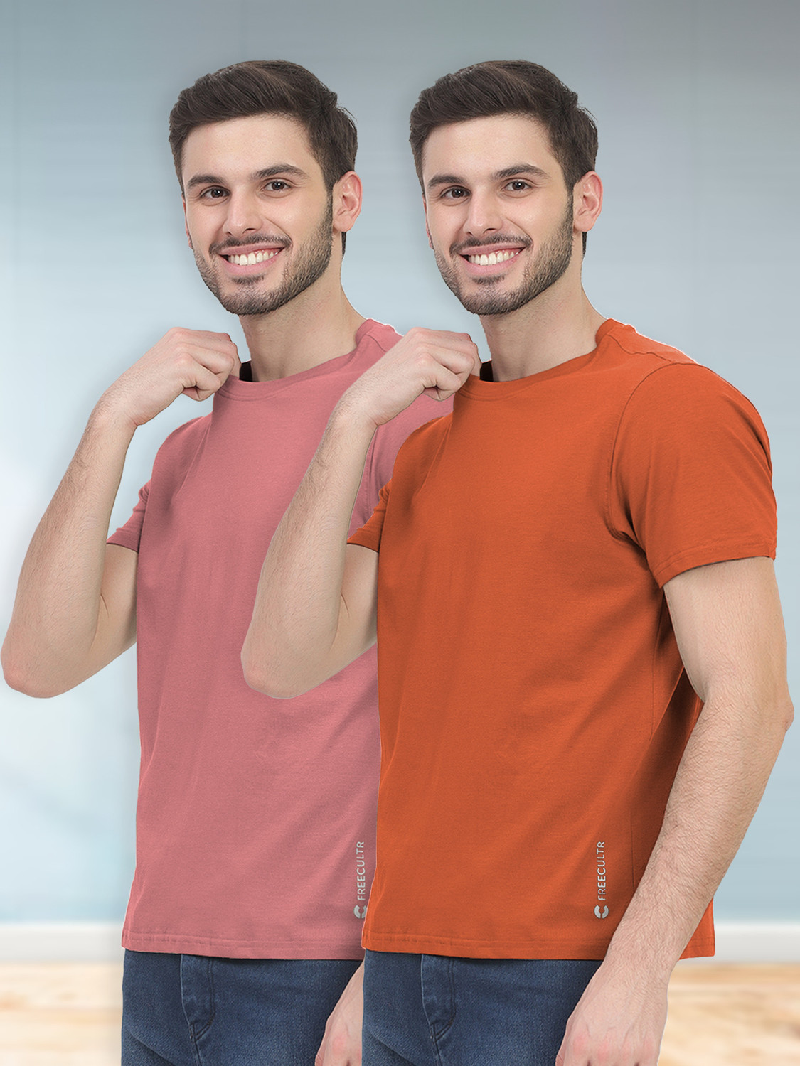 FREECULTR Solid Men Round Neck Orange, Pink T-Shirt