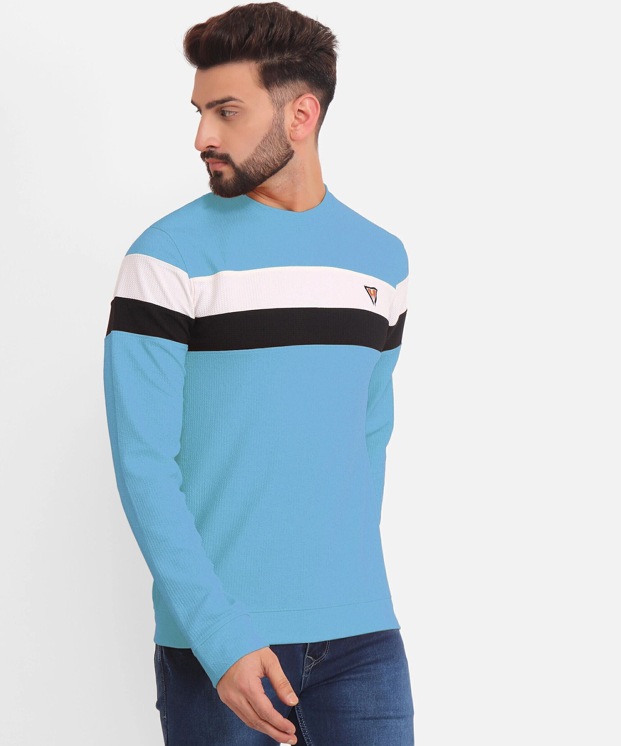 Image of HEXACRAFT Striped Men Round Neck Light Blue T-Shirt