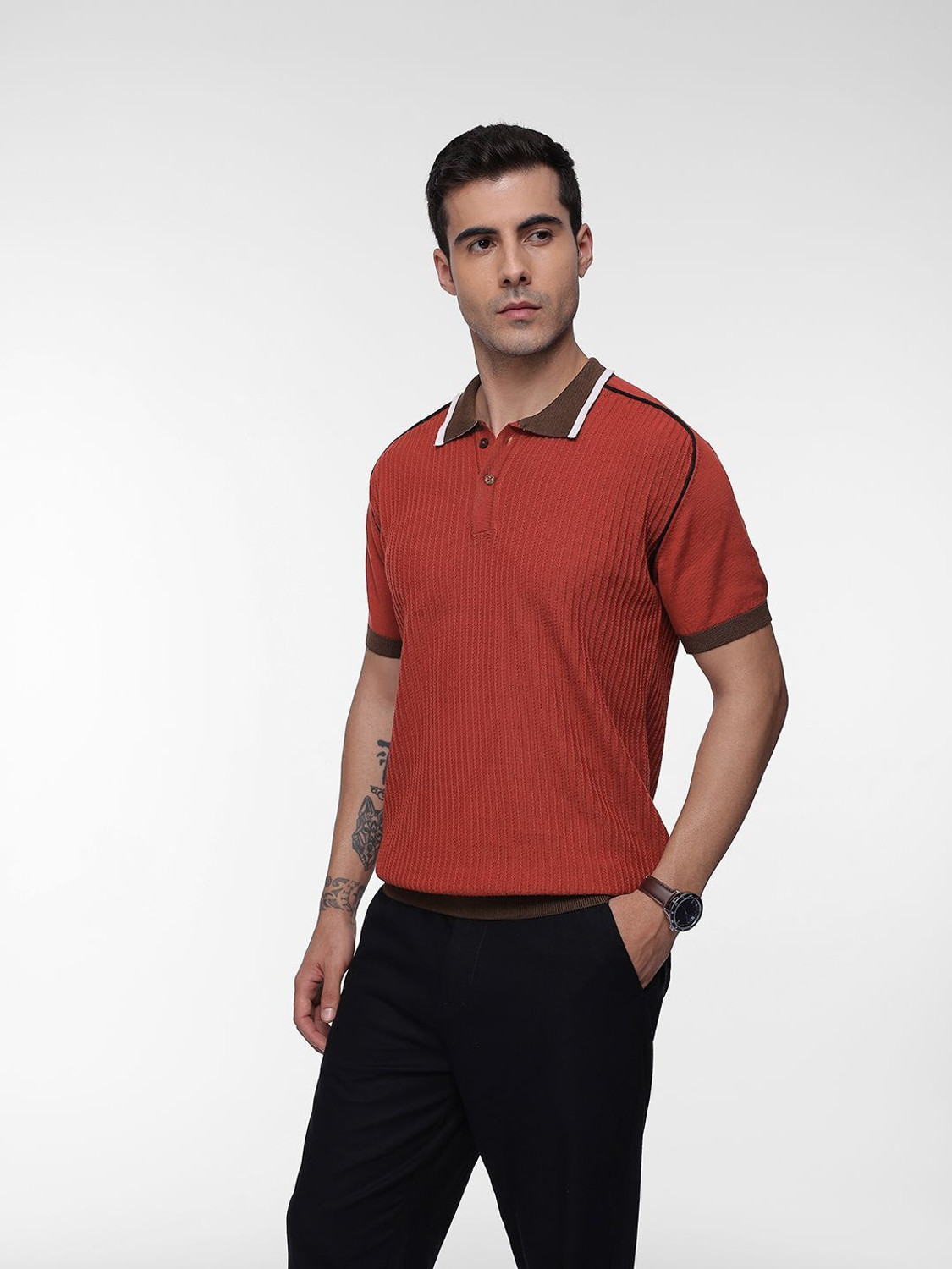 Image of French Connection Self Design Men Polo Neck Red T-Shirt