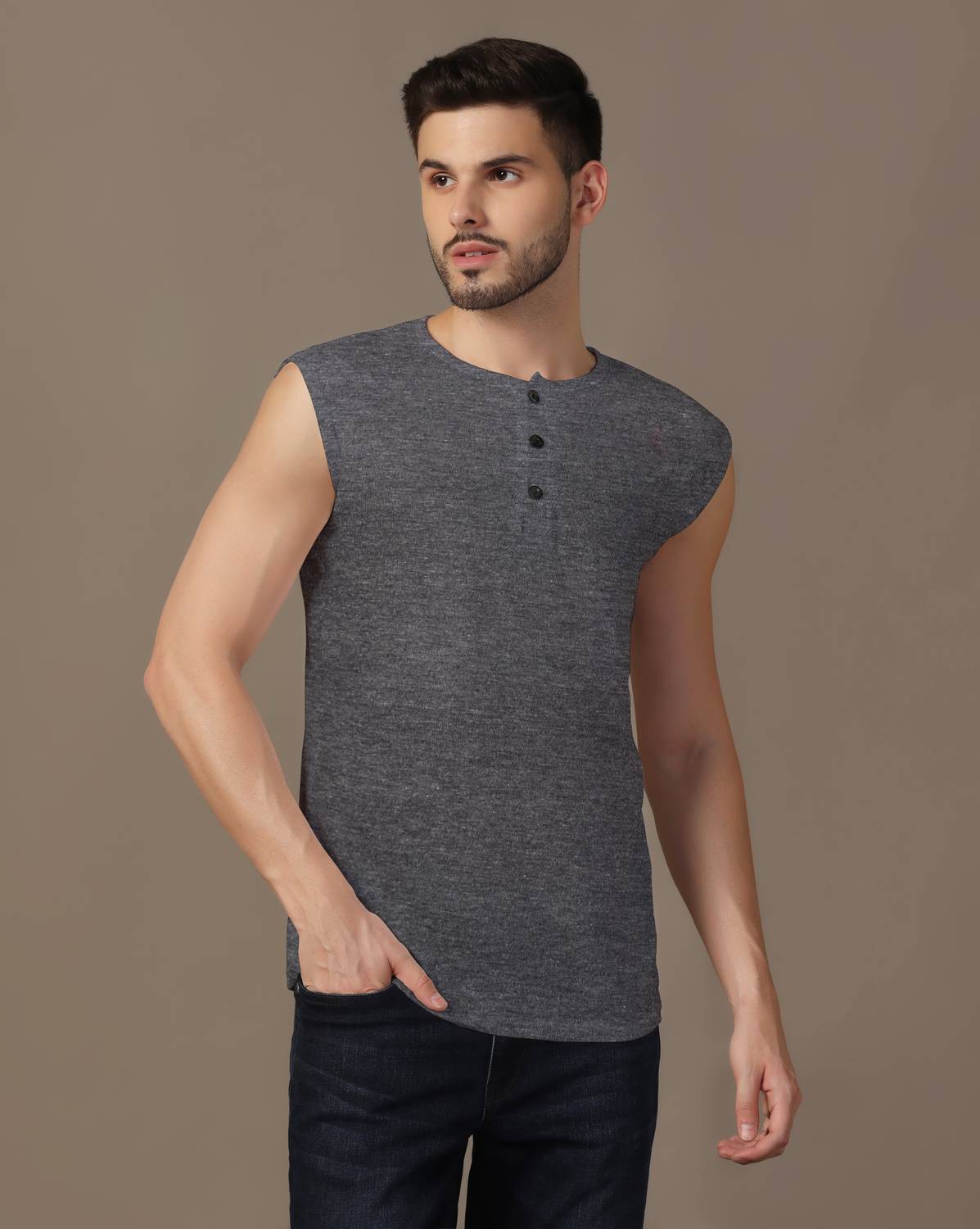 Blisstone Solid Men Henley Neck Grey T-Shirt
