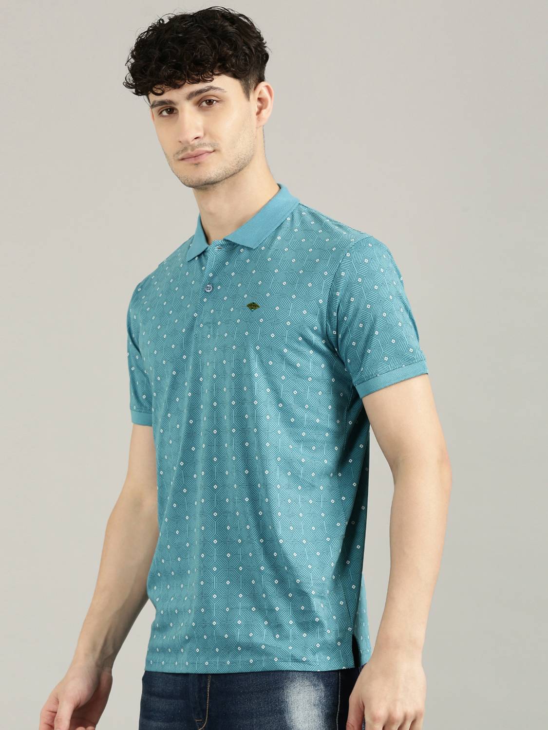 JOVEN Men Printed Polo Neck Pure Cotton Blue T-Shirt