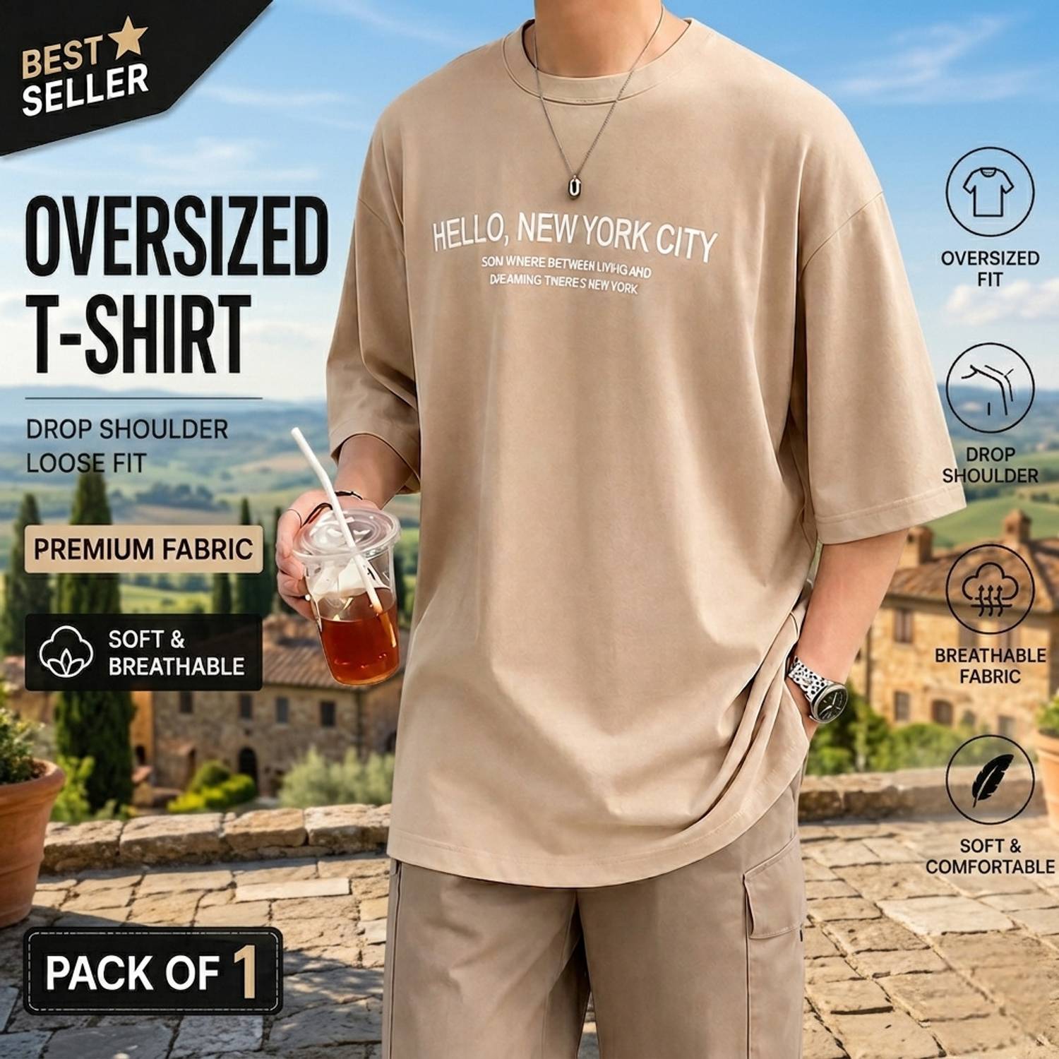 KAJAR Printed Men Beige T-Shirt - Image 1