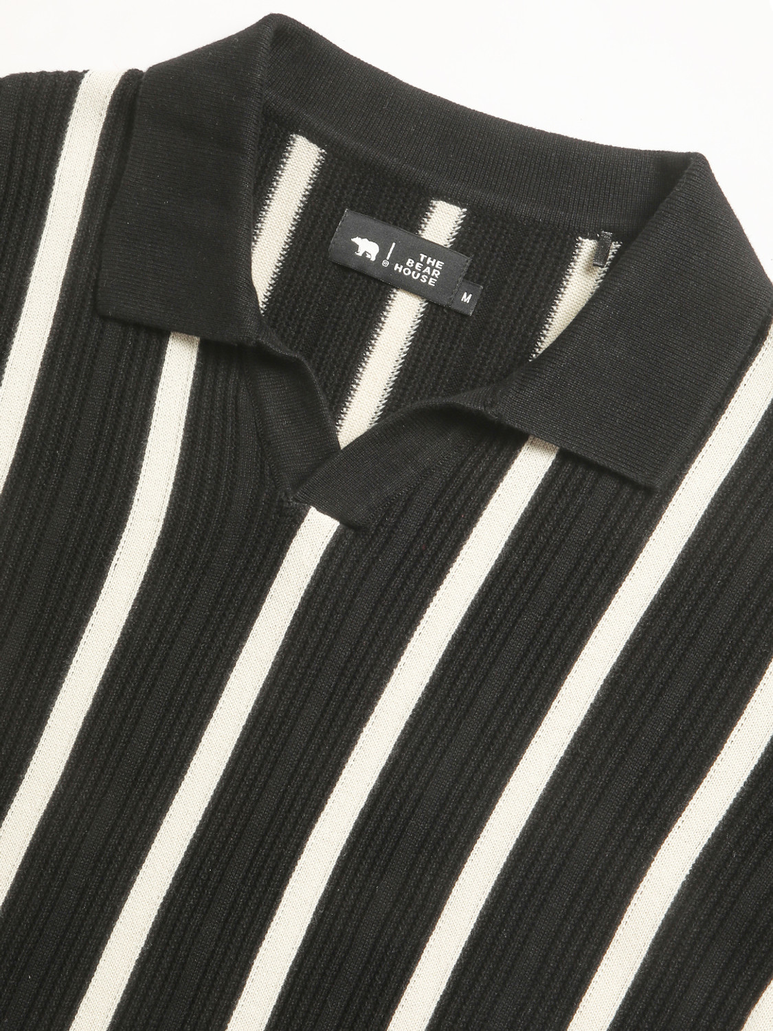Image of THE BEAR HOUSE Striped Men Polo Neck Black T-Shirt