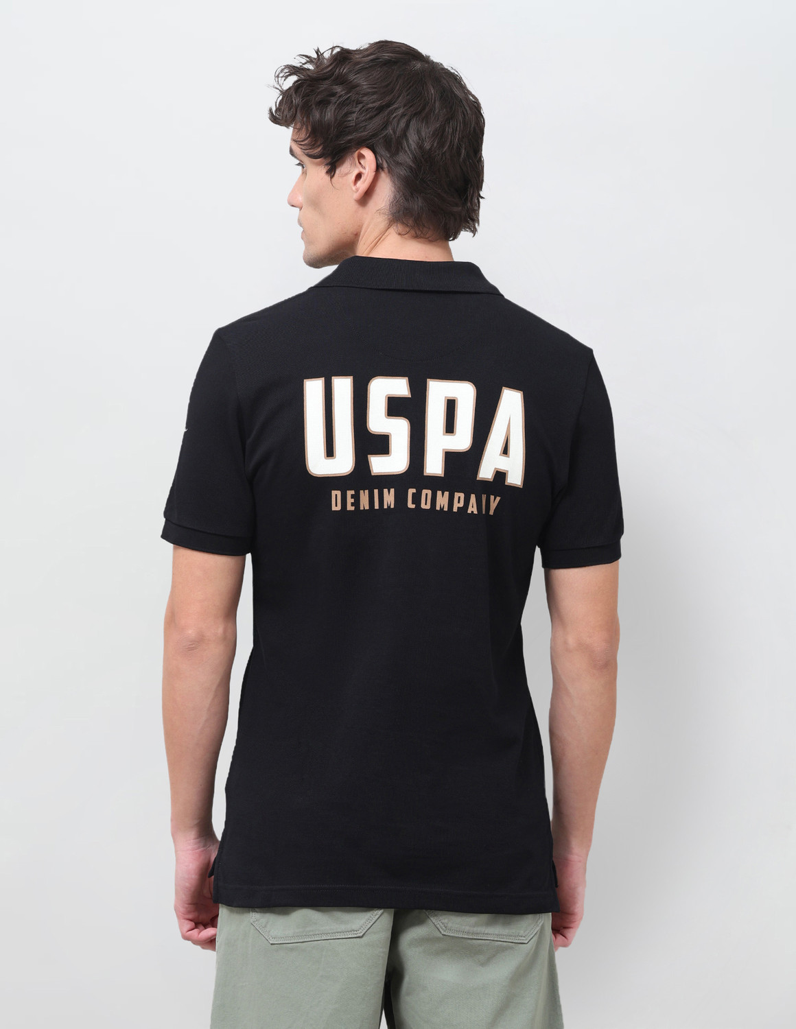 Image of U.S. Polo Assn. Denim Co. Men Printed Polo Neck Pure Cotton Black T-Shirt