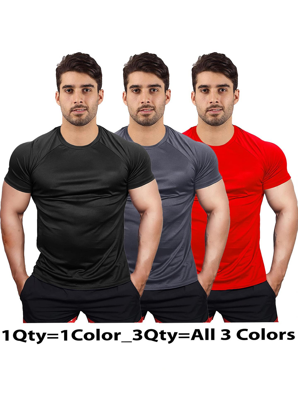 Image of UDI n ADI Solid Men Round Neck Black, Grey, Red T-Shirt