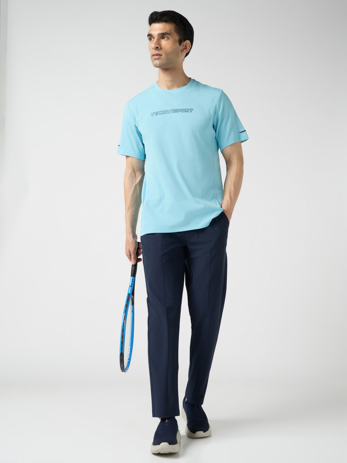 Image of TECHNOSPORT Typography Men Round Neck Light Blue T-Shirt
