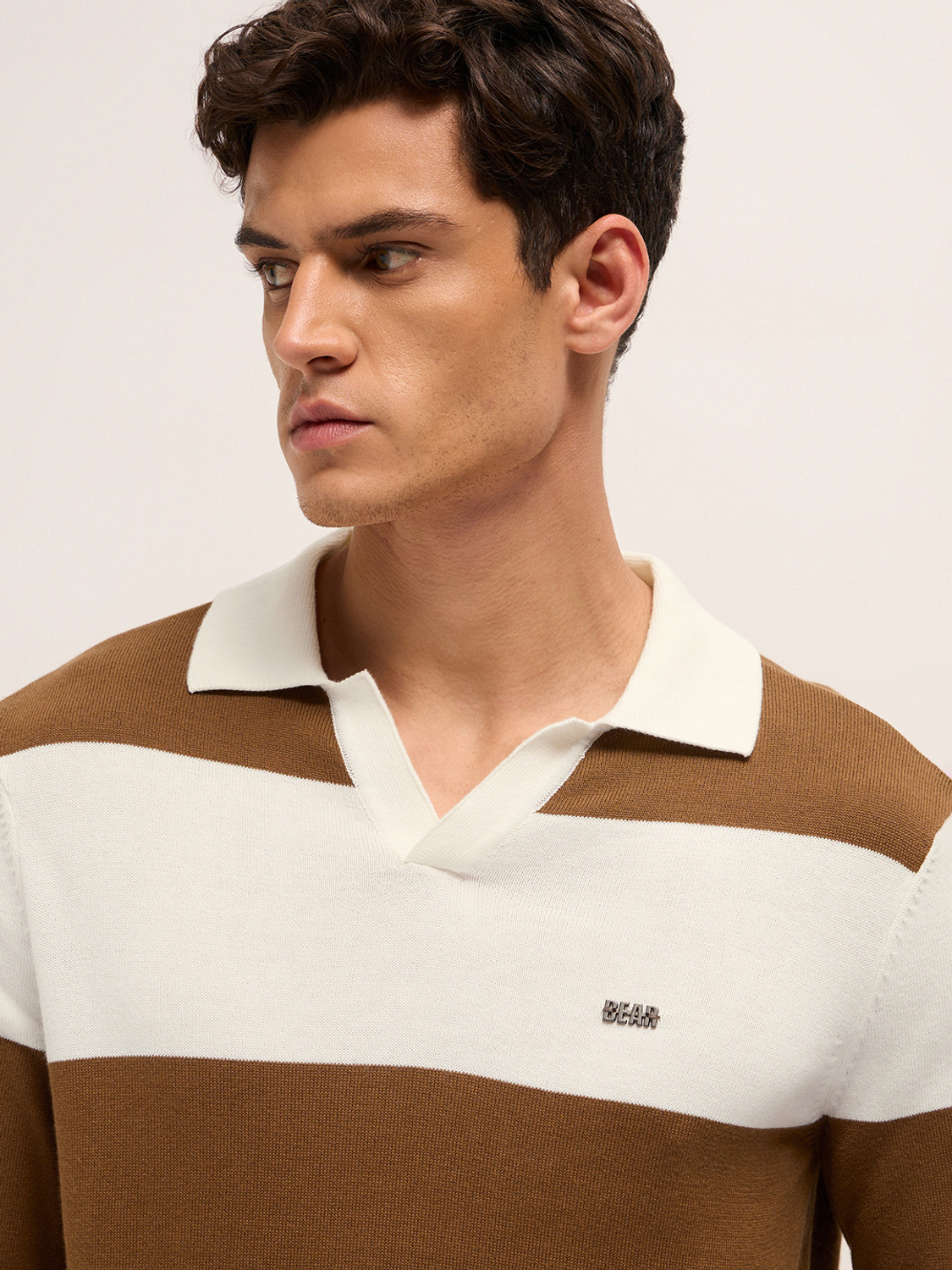 Image of THE BEAR HOUSE Striped Men Polo Neck Brown T-Shirt