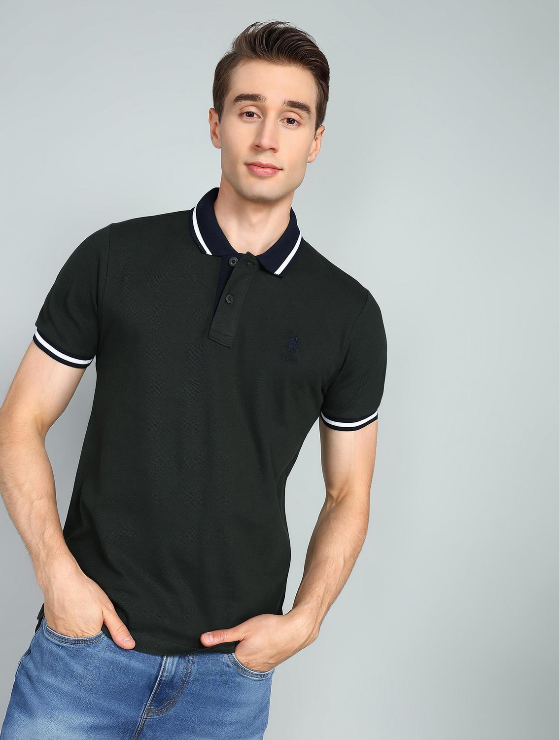 Image of U.S. POLO ASSN. Solid Men Polo Neck Light Green T-Shirt