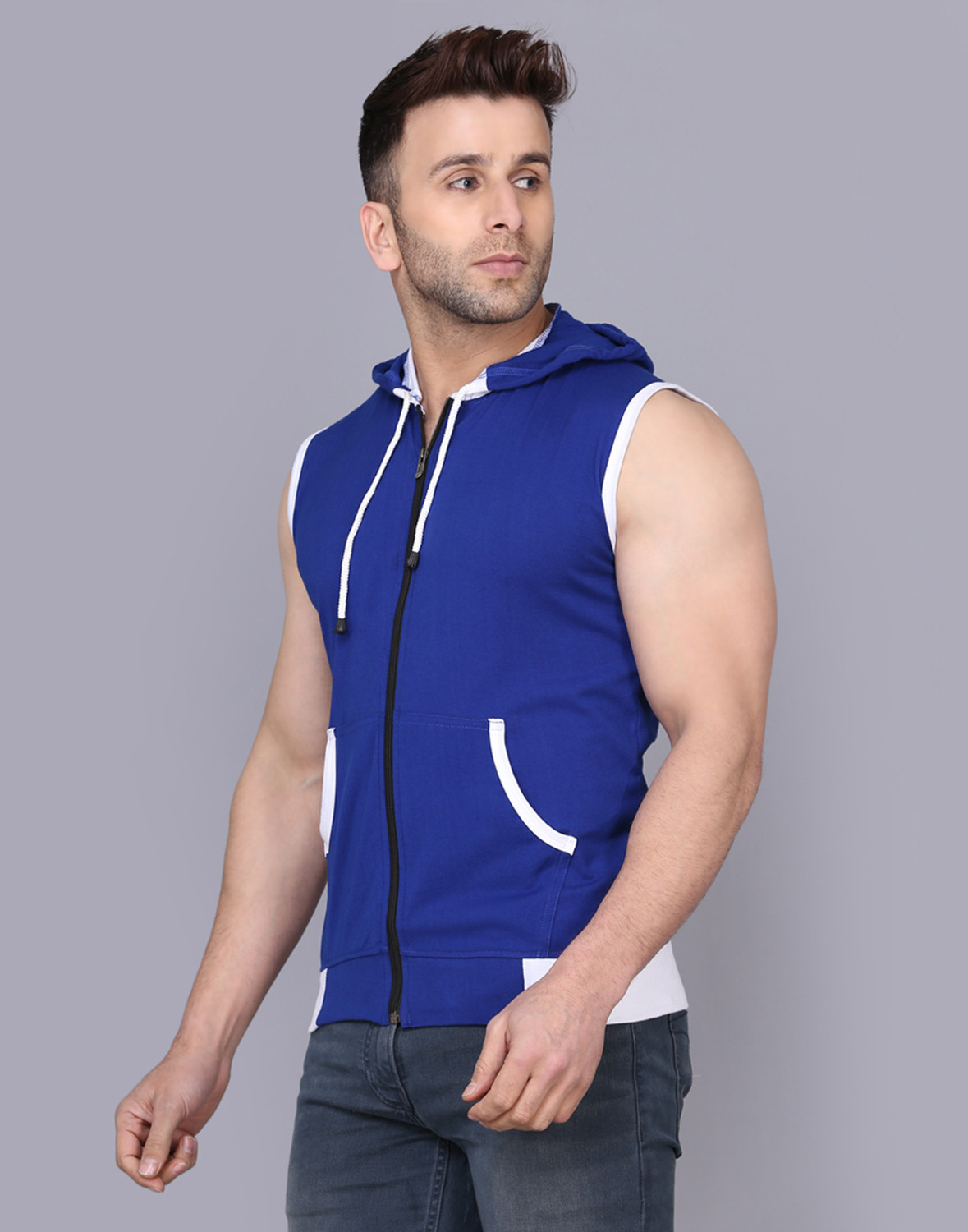 Image of ELABOT Colorblock Men Hooded Neck Blue, White T-Shirt