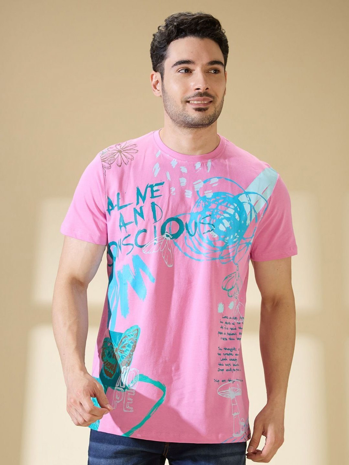 Image of BEING HUMAN Solid Men Crew Neck Pink T-Shirt