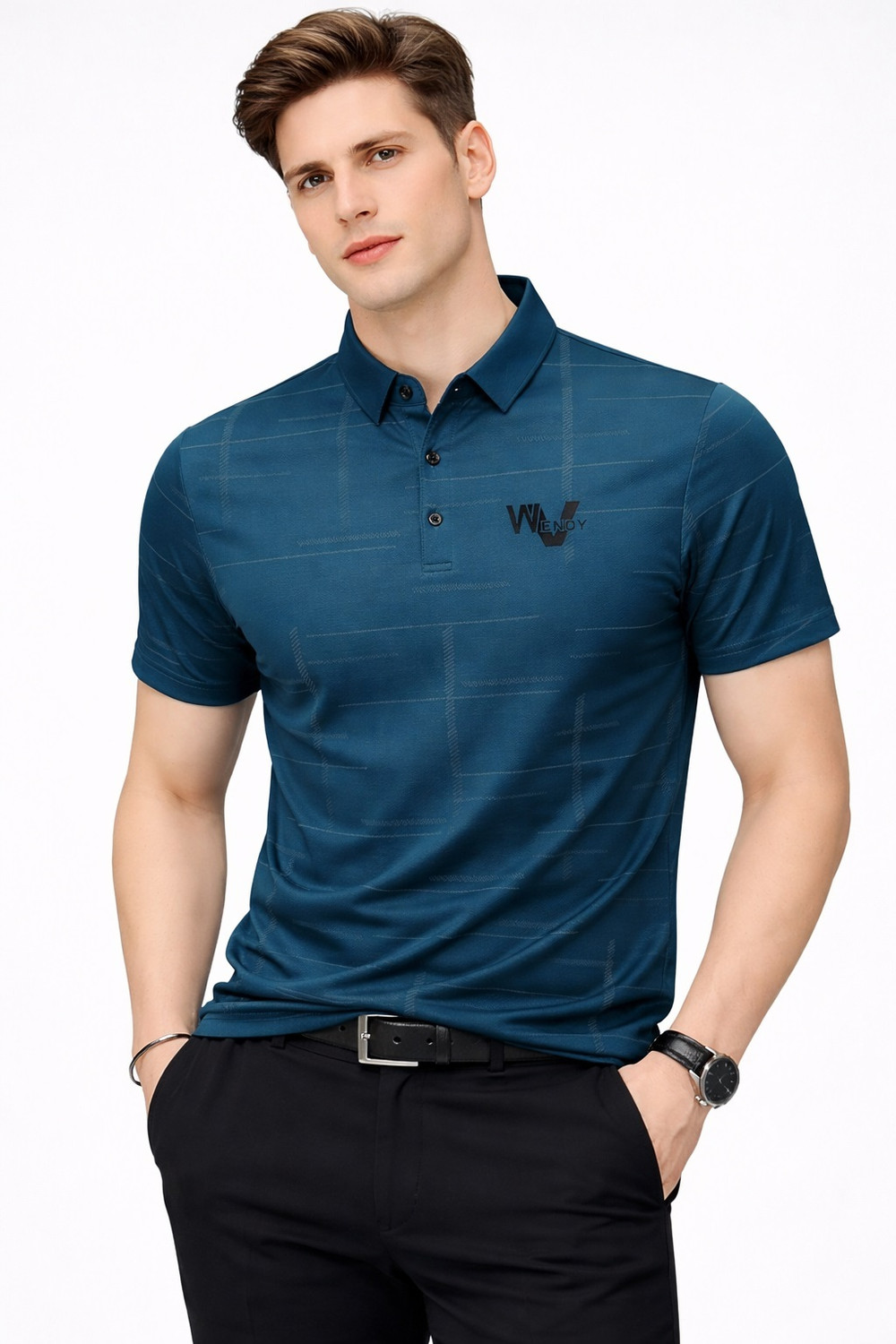 Image of METRONAUT Printed Men Polo Neck Blue T-Shirt