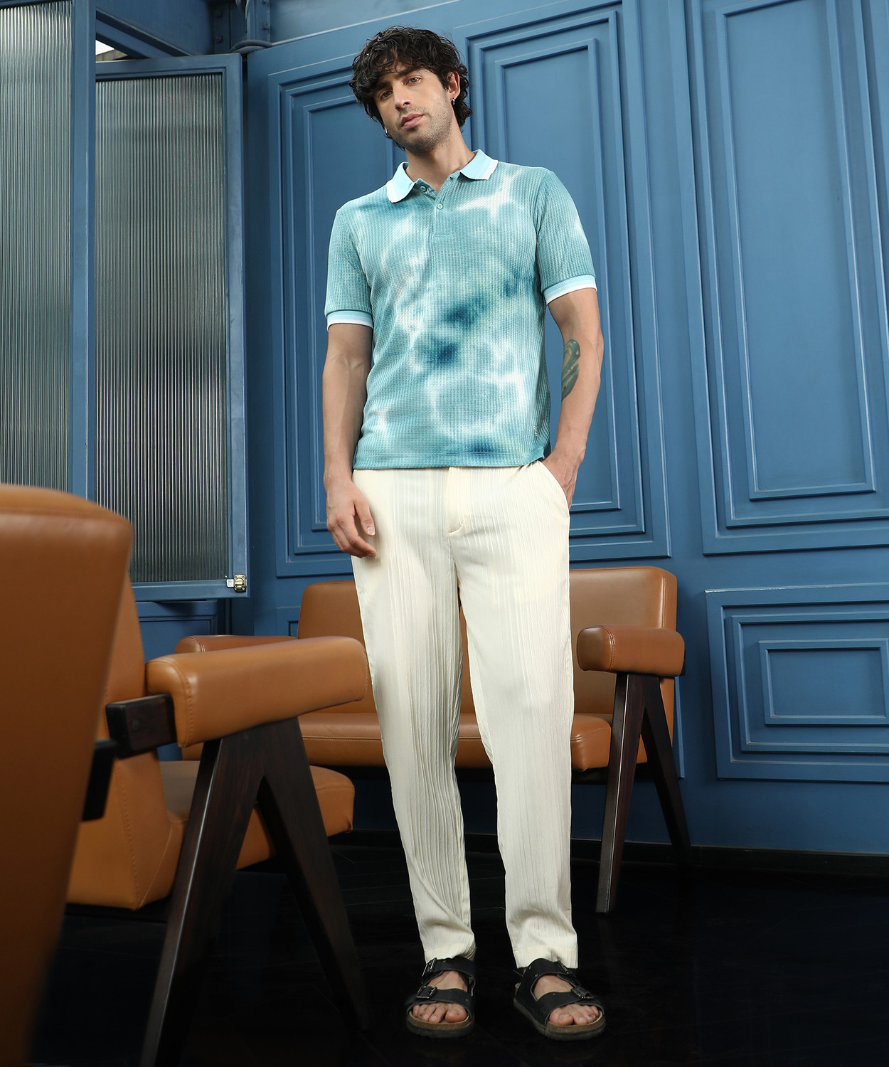 Image of CAMPUS SUTRA Abstract Men Polo Neck Blue T-Shirt