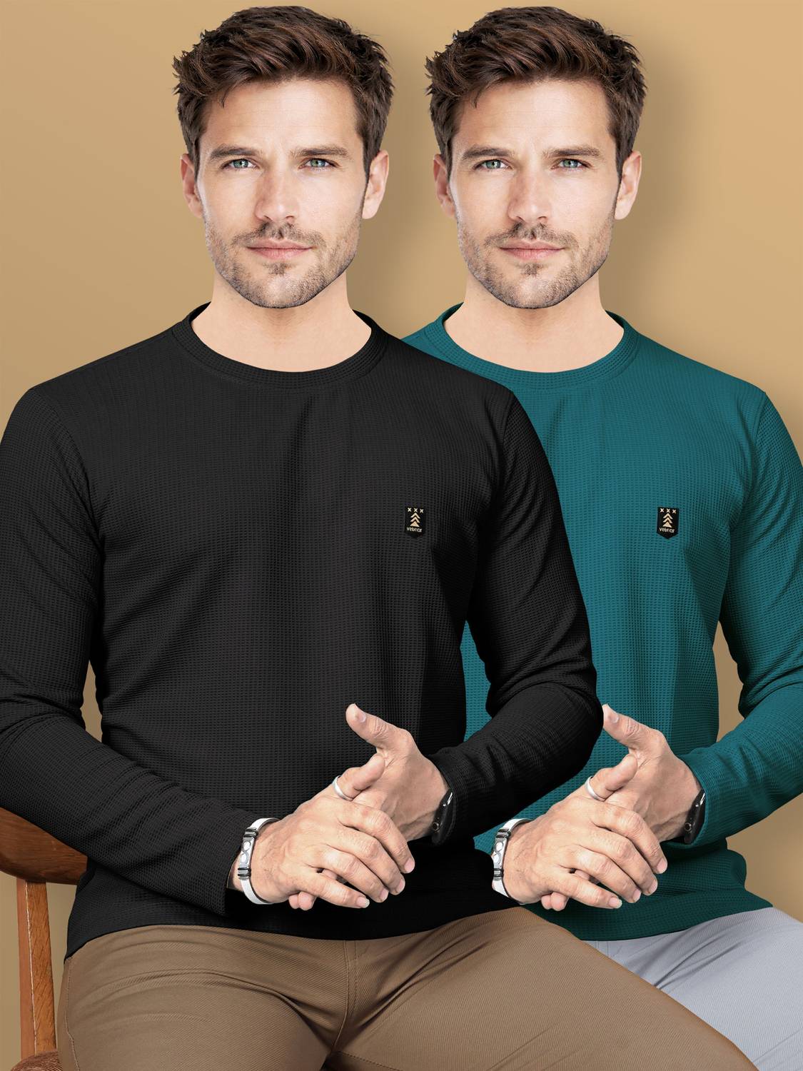 VeBNoR Pack of 2 Men Self Design Round Neck Polyester Black, Gree