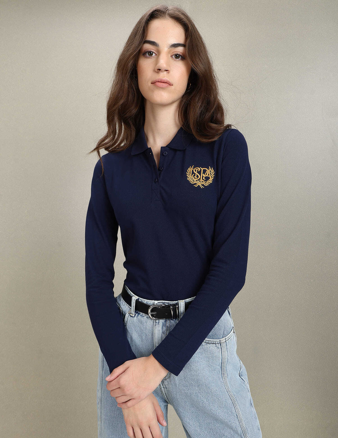 Image of U.S. POLO ASSN. Printed Women Polo Neck Blue T-Shirt