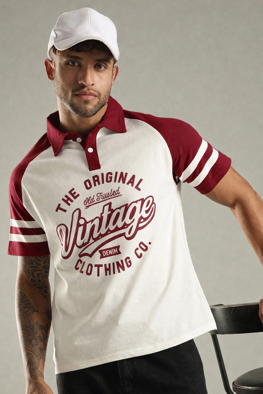 Image of SHINX Printed Men Polo Neck White, Maroon T-Shirt