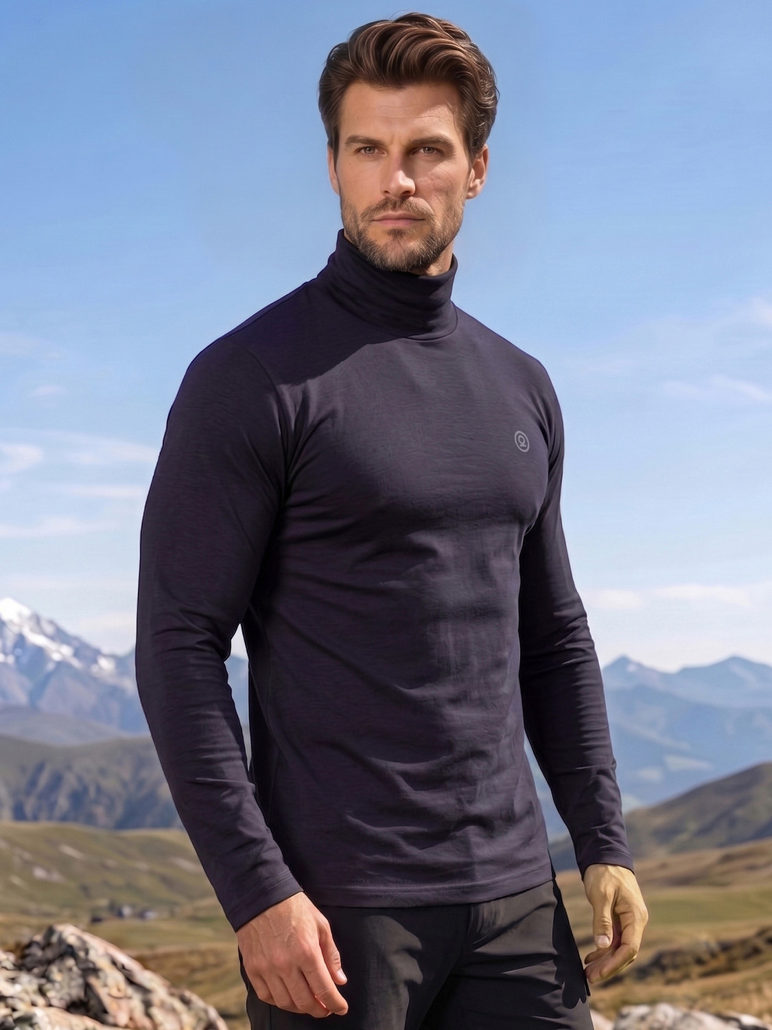 Image of CHKOKKO Solid Men High Neck Blue T-Shirt