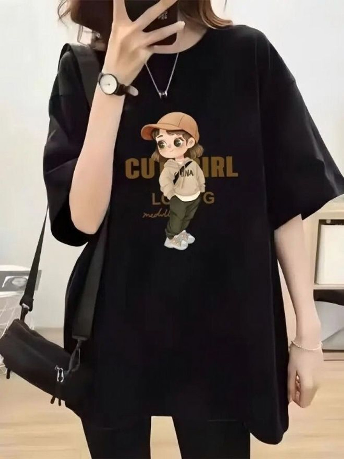 Image of MapelFashion Cartoon Women Round Neck Black T-Shirt