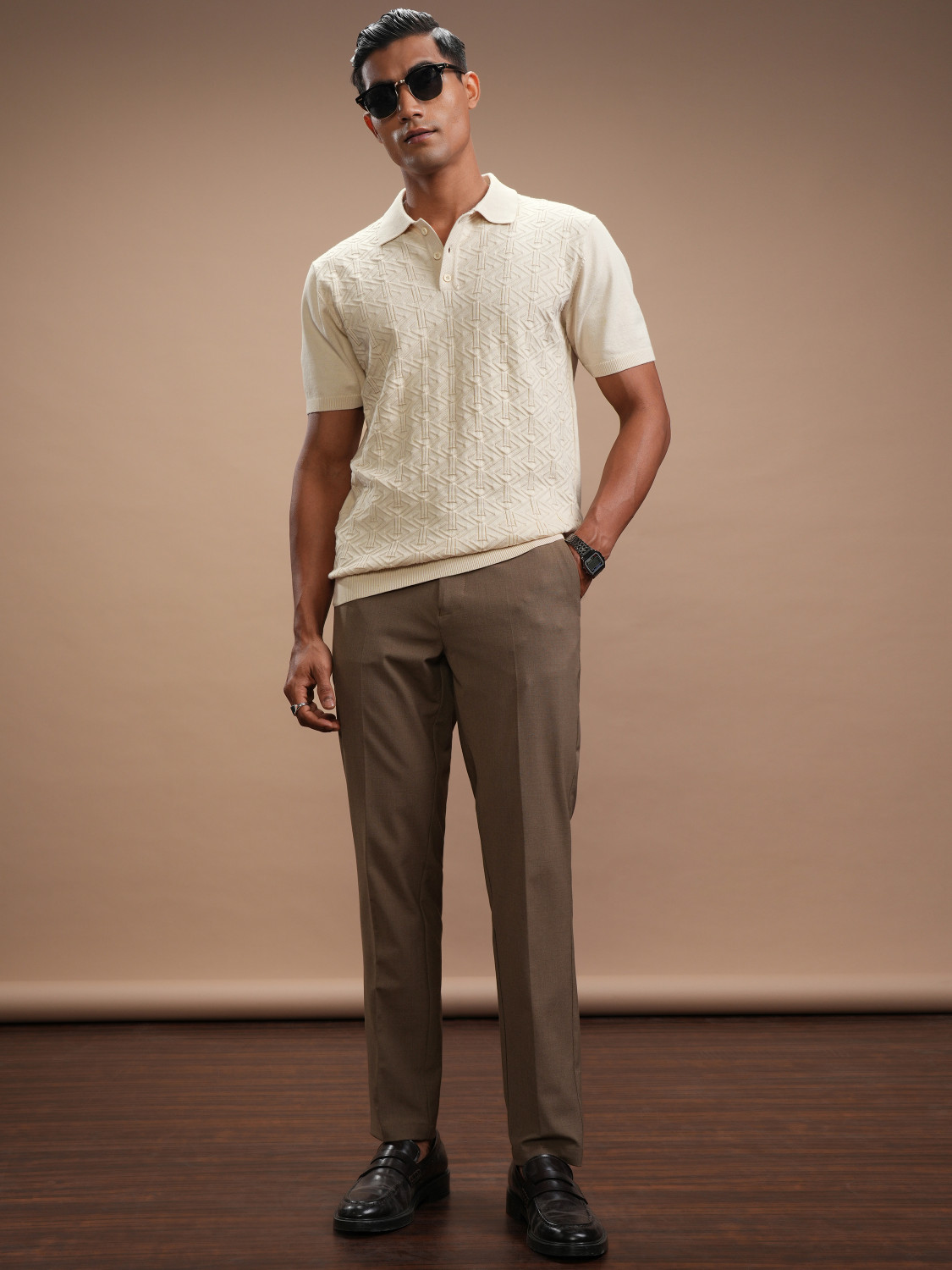 Image of HIGHLANDER Self Design Men Polo Neck Beige T-Shirt