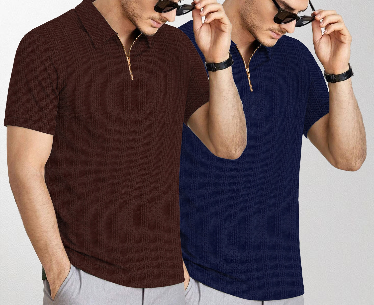 Image of KAJARU Self Design Men Zip Neck Blue, Brown T-Shirt