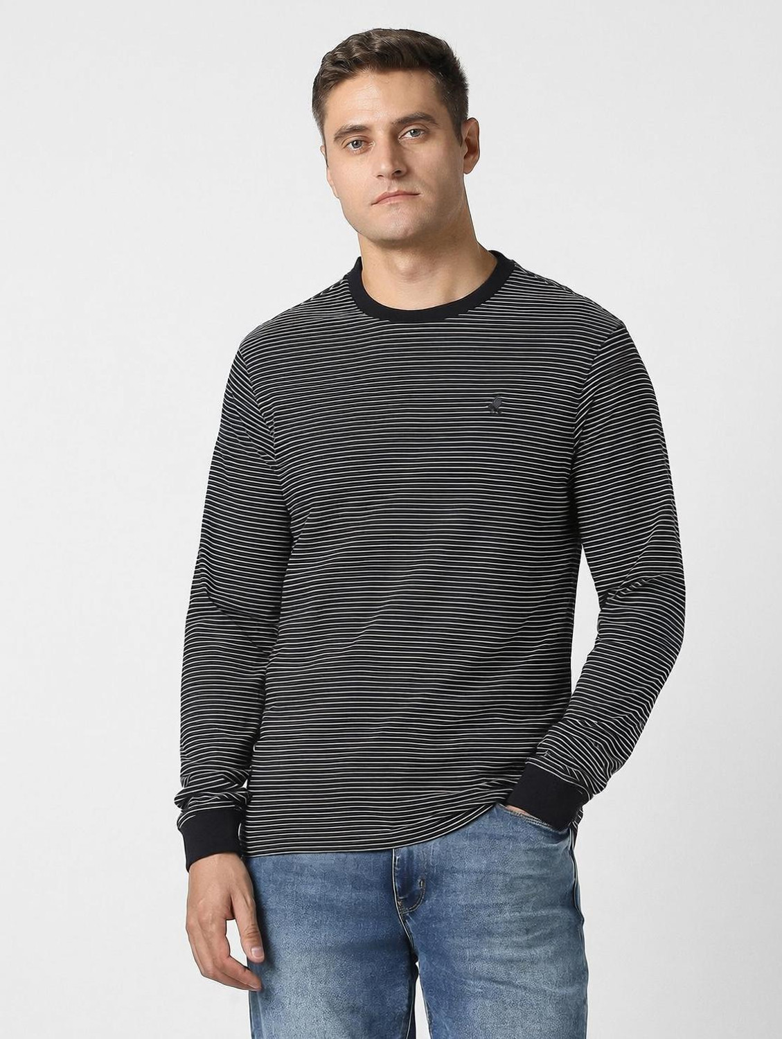 Image of PETER ENGLAND Striped Men Crew Neck Black T-Shirt