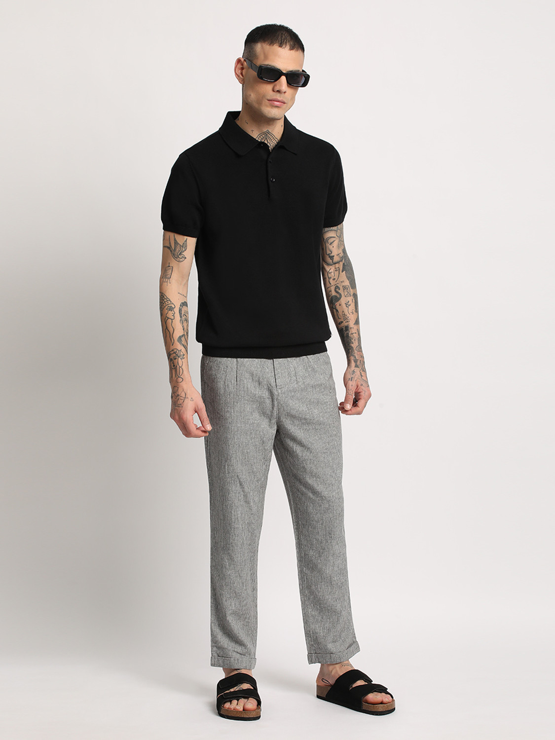 Image of THE BEAR HOUSE Solid Men Polo Neck Black T-Shirt