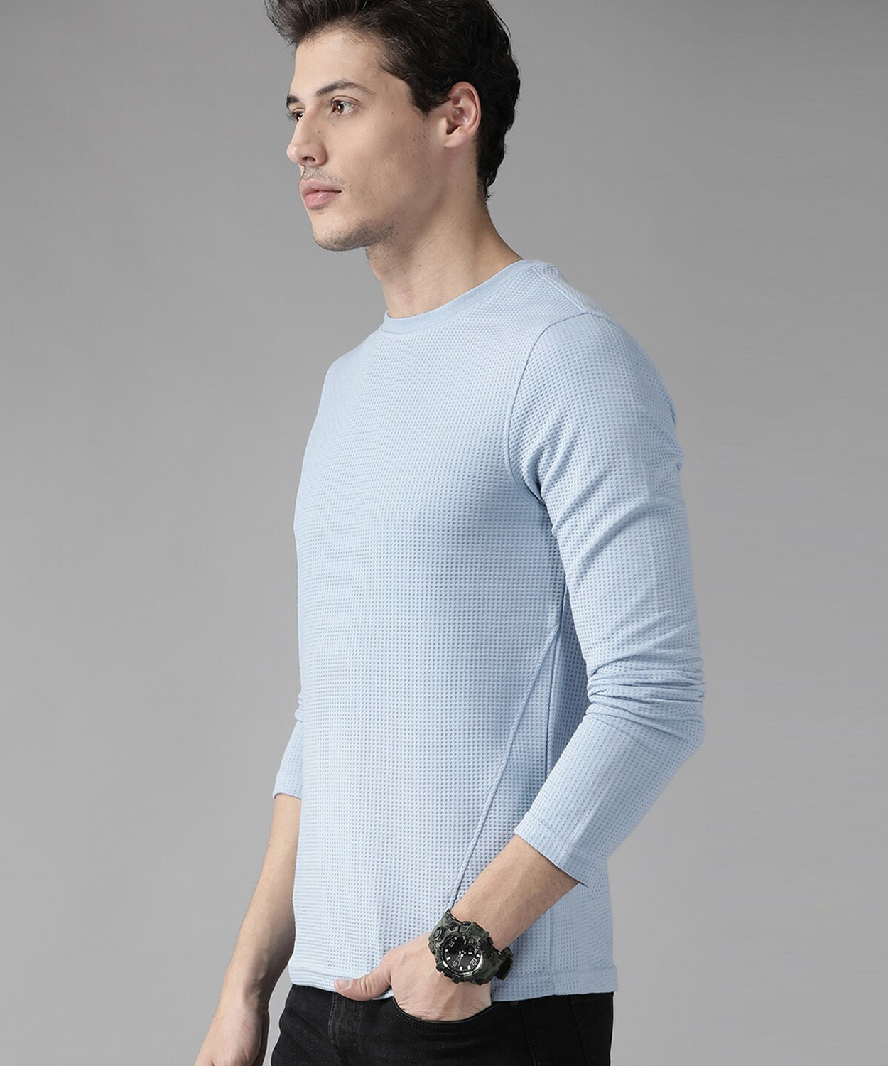 Image of Roadster Self Design Men Round Neck Blue T-Shirt