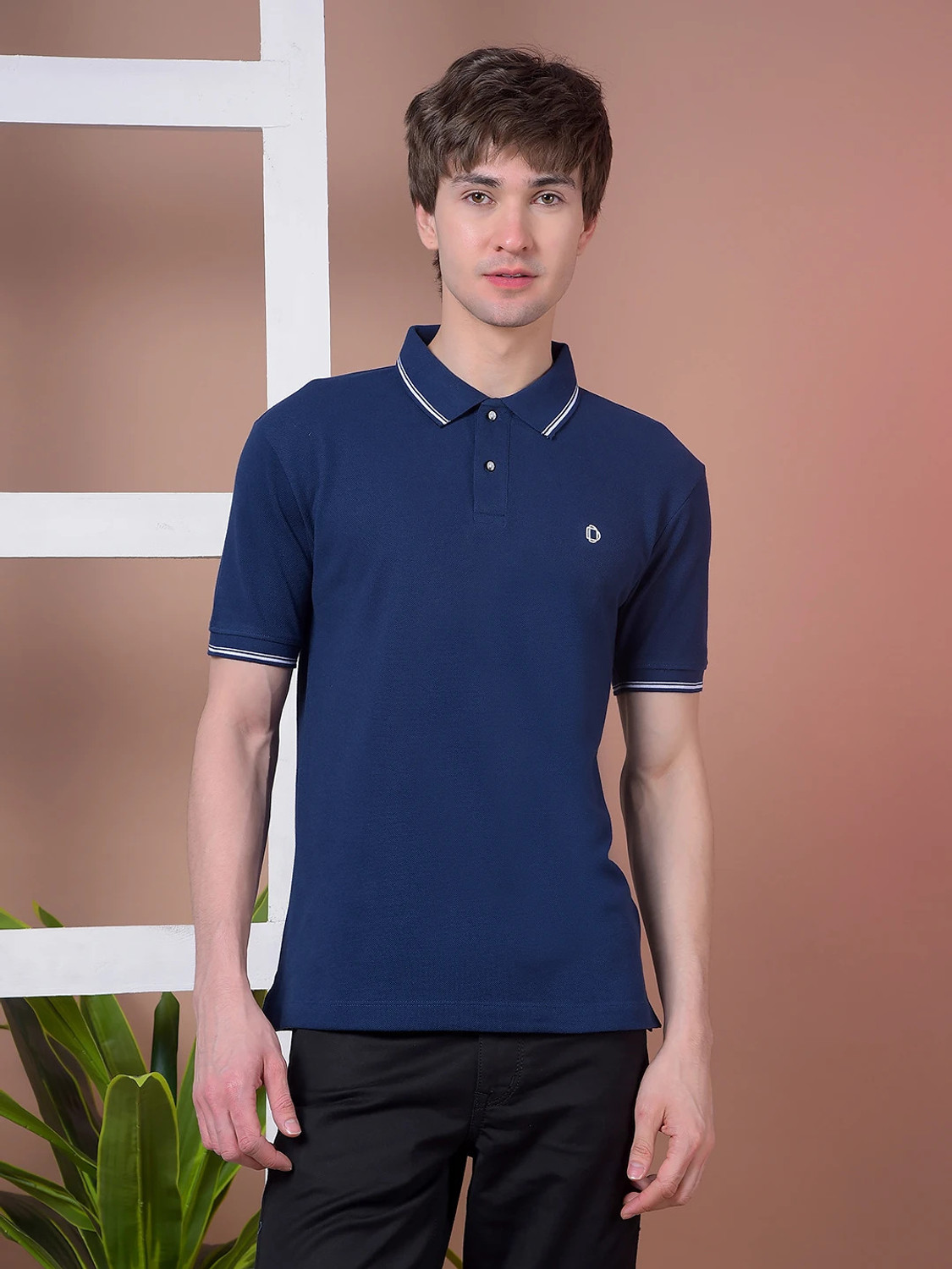 Dollar Solid Men Polo Neck Navy Blue T-Shirt