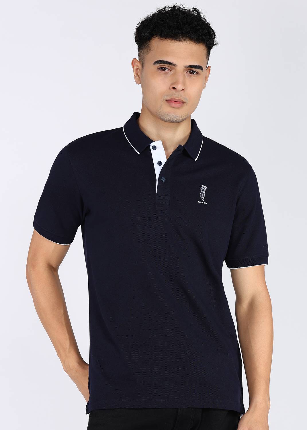 PETER ENGLAND Men Solid Polo Neck Polycotton Dark Blue T-Shirt