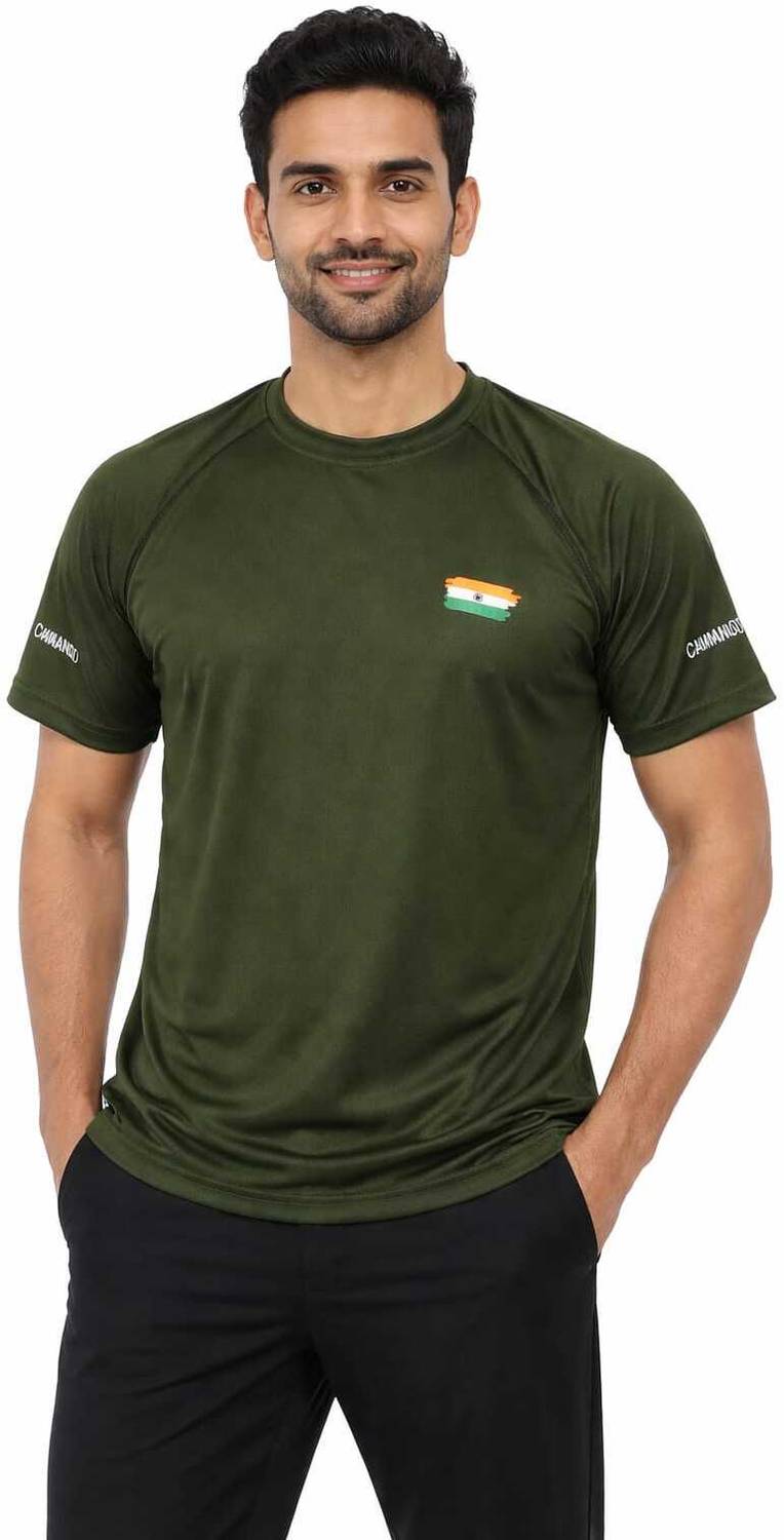 CAMOTAGE Solid Men Round Neck Dark Green T-Shirt