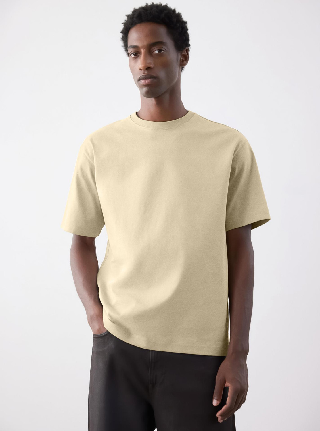 Image of Q-CUT Solid Men Round Neck Beige T-Shirt