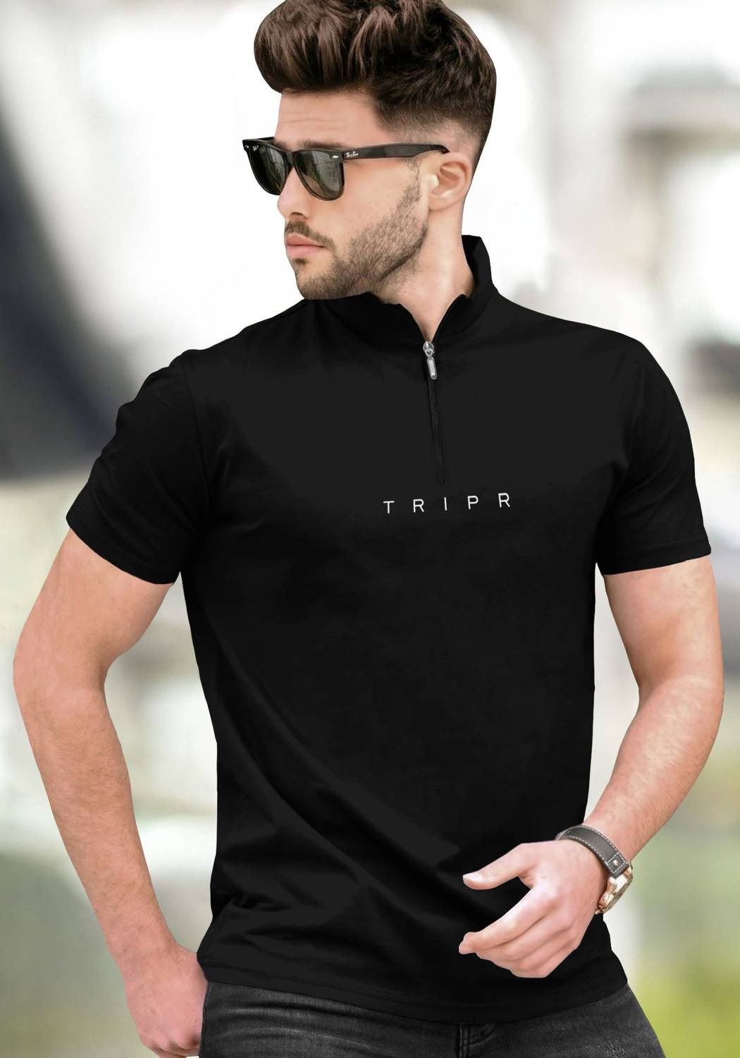 TRIPR Men Solid Mandarin Collar Cotton Blend Black T-Shirt