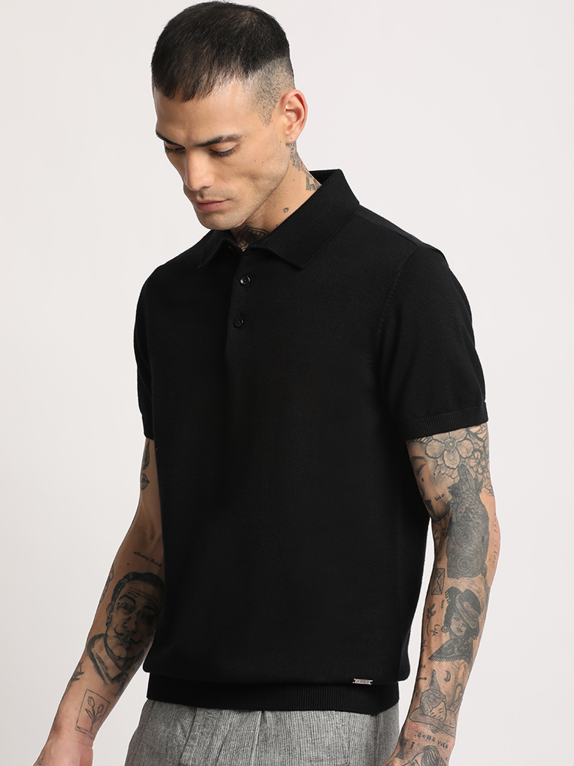 Image of THE BEAR HOUSE Solid Men Polo Neck Black T-Shirt