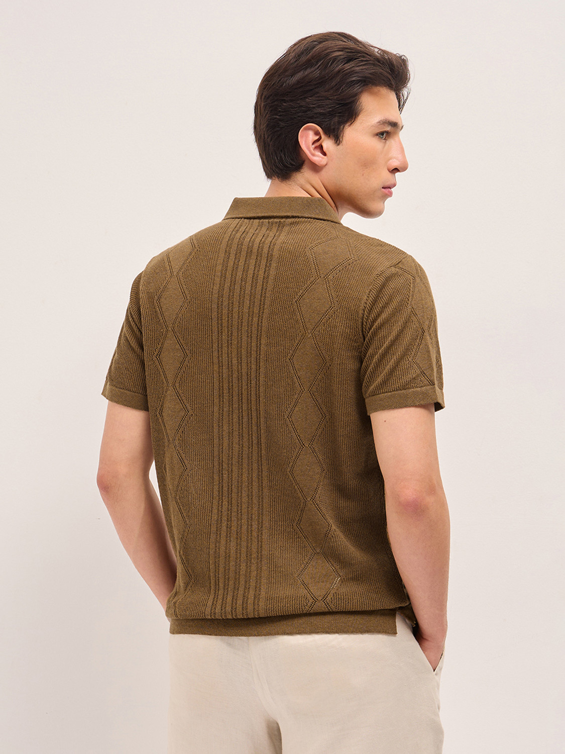 Image of THE BEAR HOUSE Self Design Men Polo Neck Brown T-Shirt