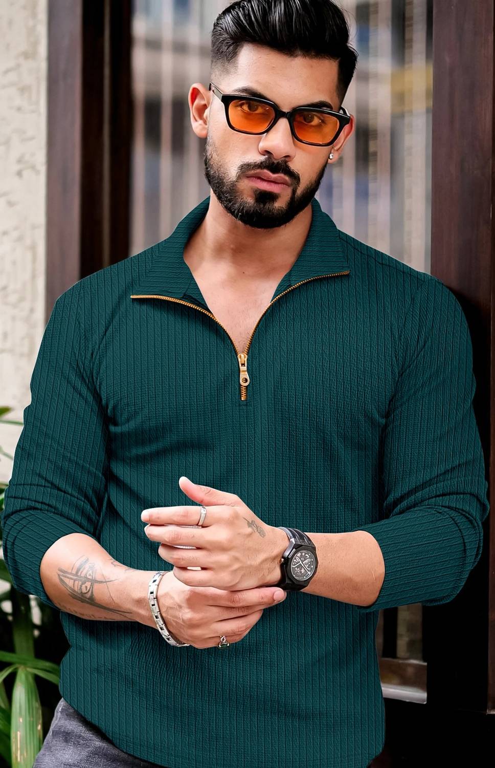 KAJARU Men Self Design Polo Neck Polycotton Dark Green T-Shirt
