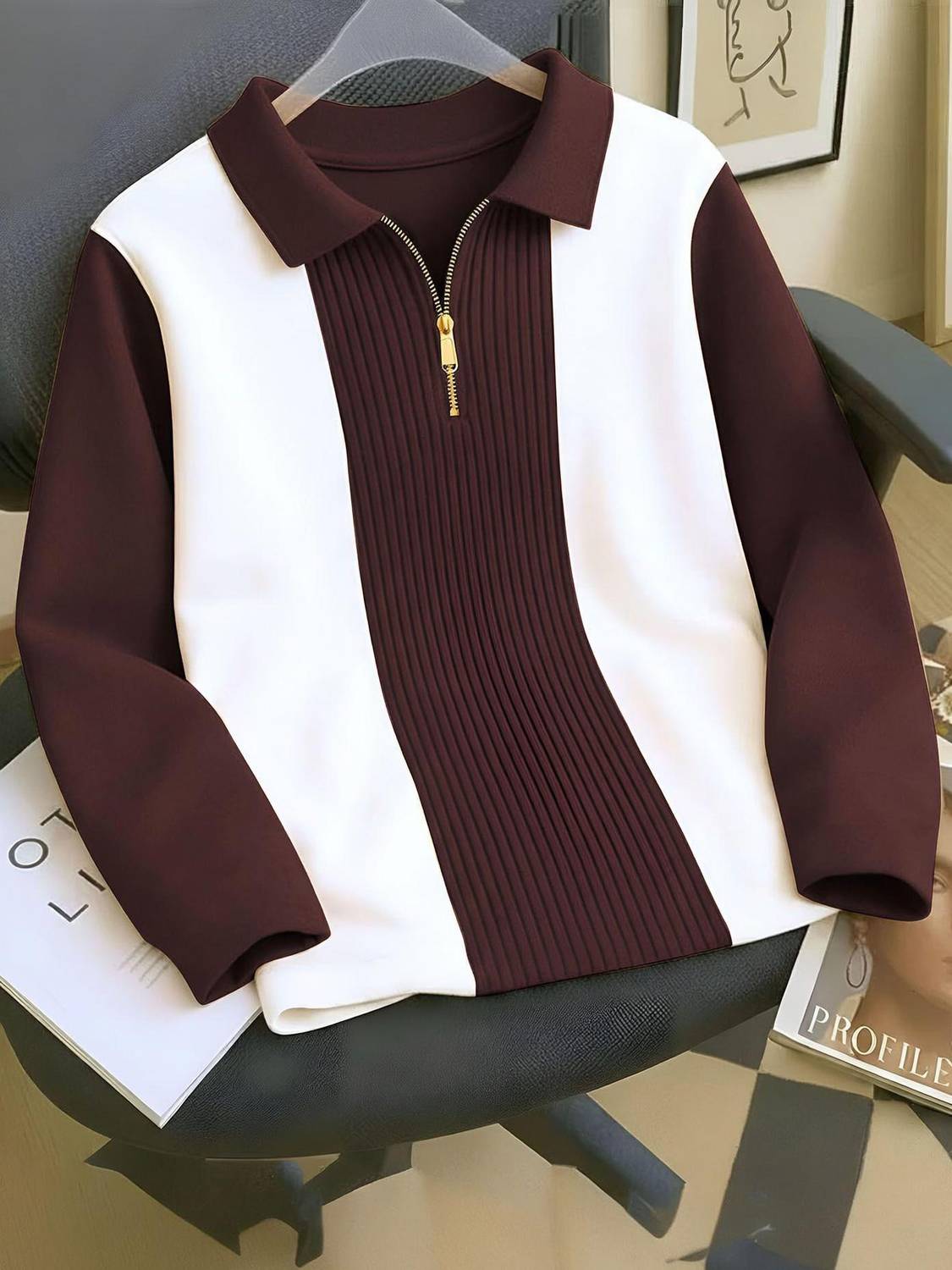 AUSK Men Polo Neck White, Brown T-Shirt - Image 1