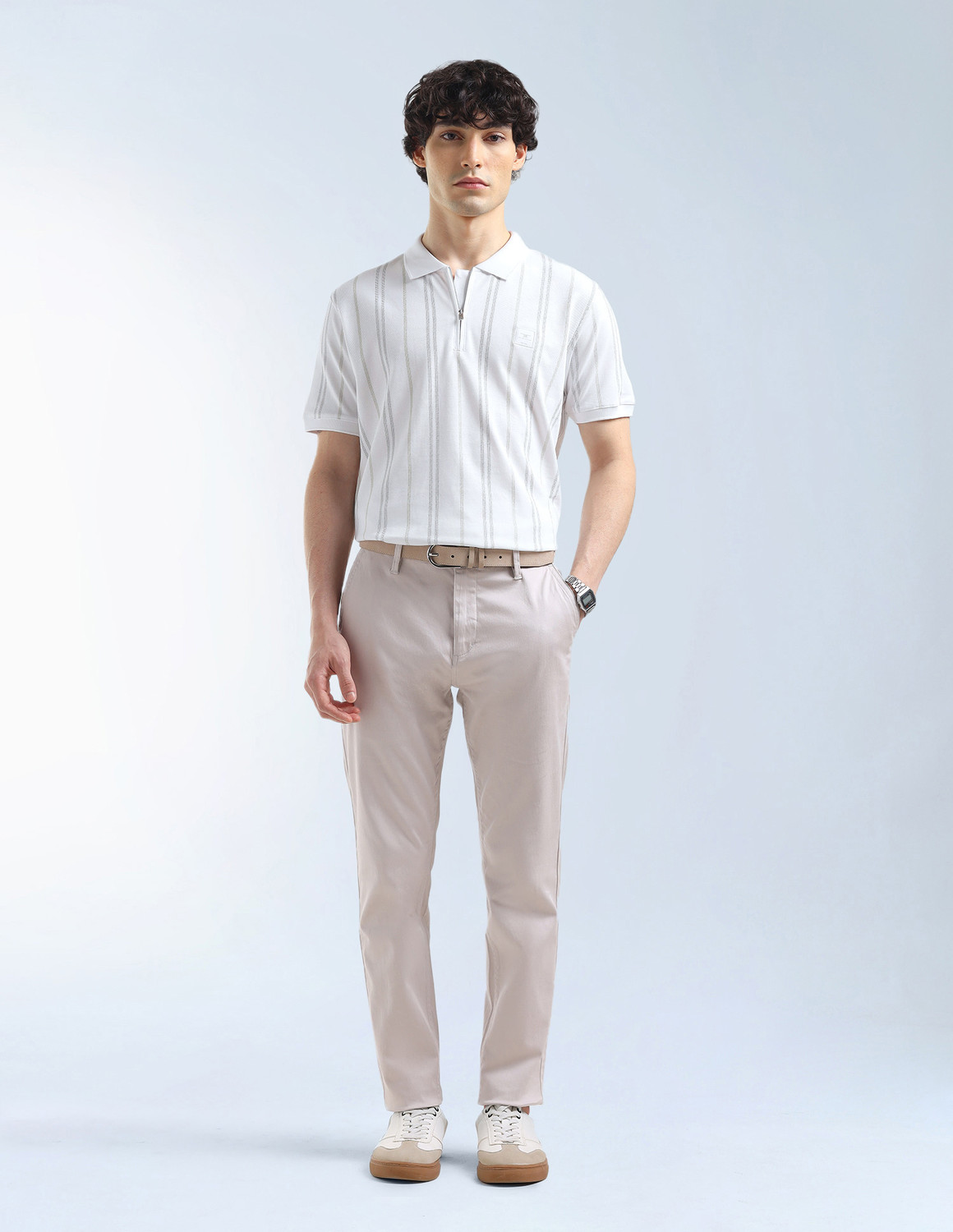 Image of FLYING MACHINE Striped Men Polo Neck White T-Shirt