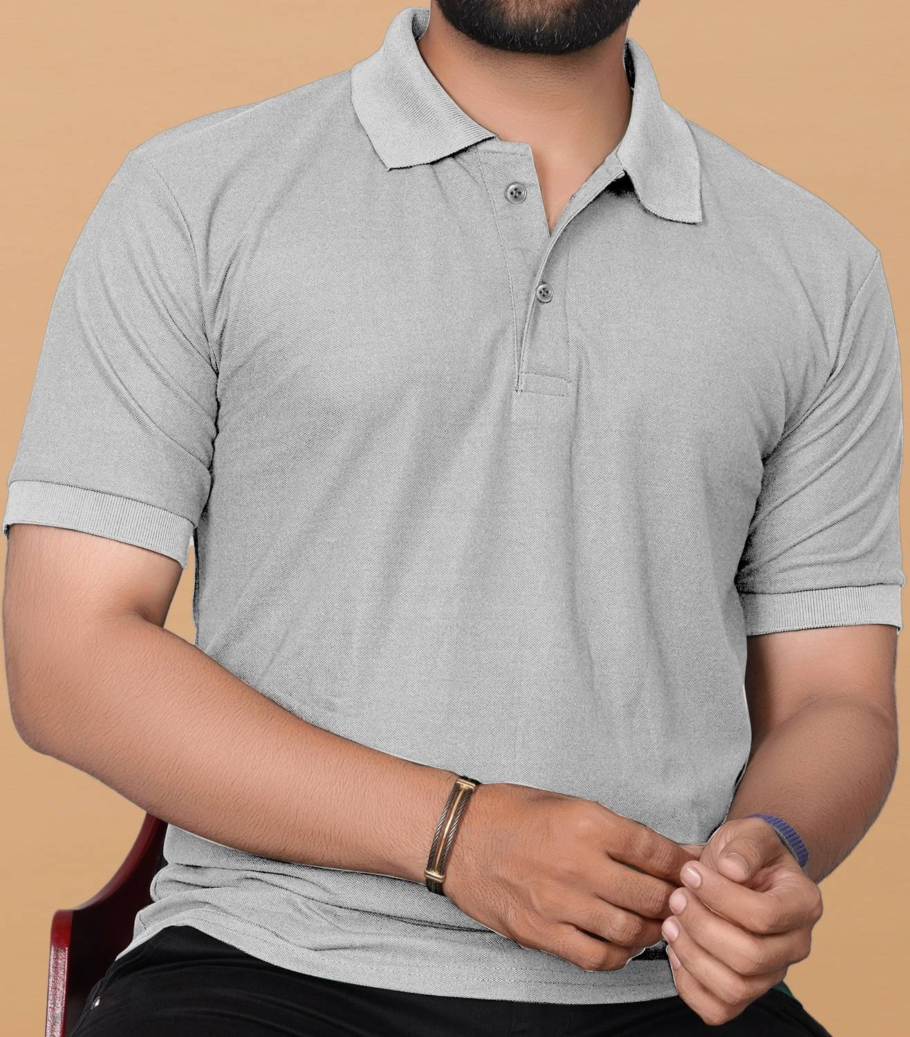 KAJARU Men Solid Polo Neck Polyester Grey T-Shirt
