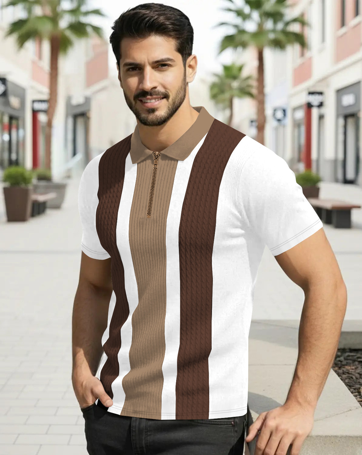Image of KAJARU Striped, Self Design Men Polo Neck Beige, Brown, White T-Shirt