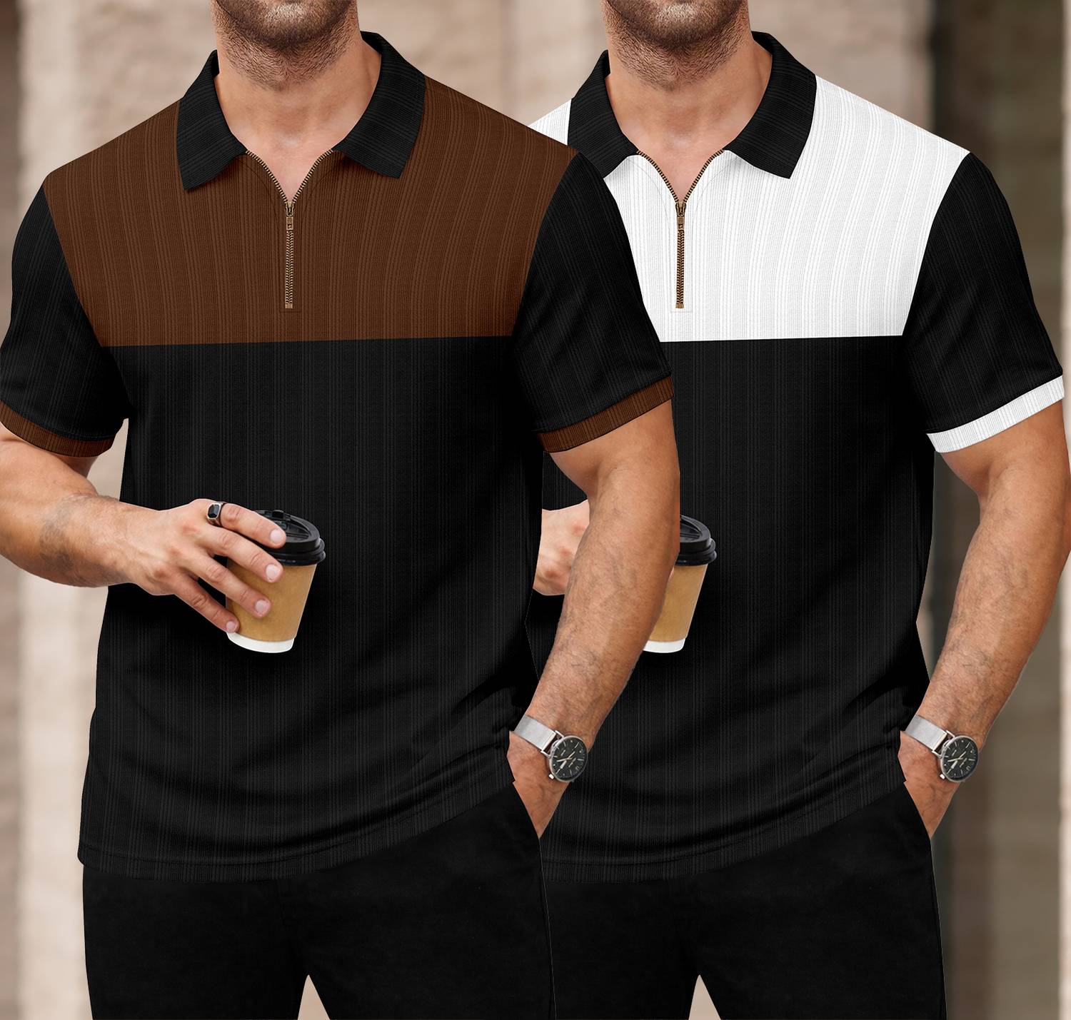 KAJARU Colorblock Men Polo Neck Brown T-Shirt Pack of 2 - Image 1