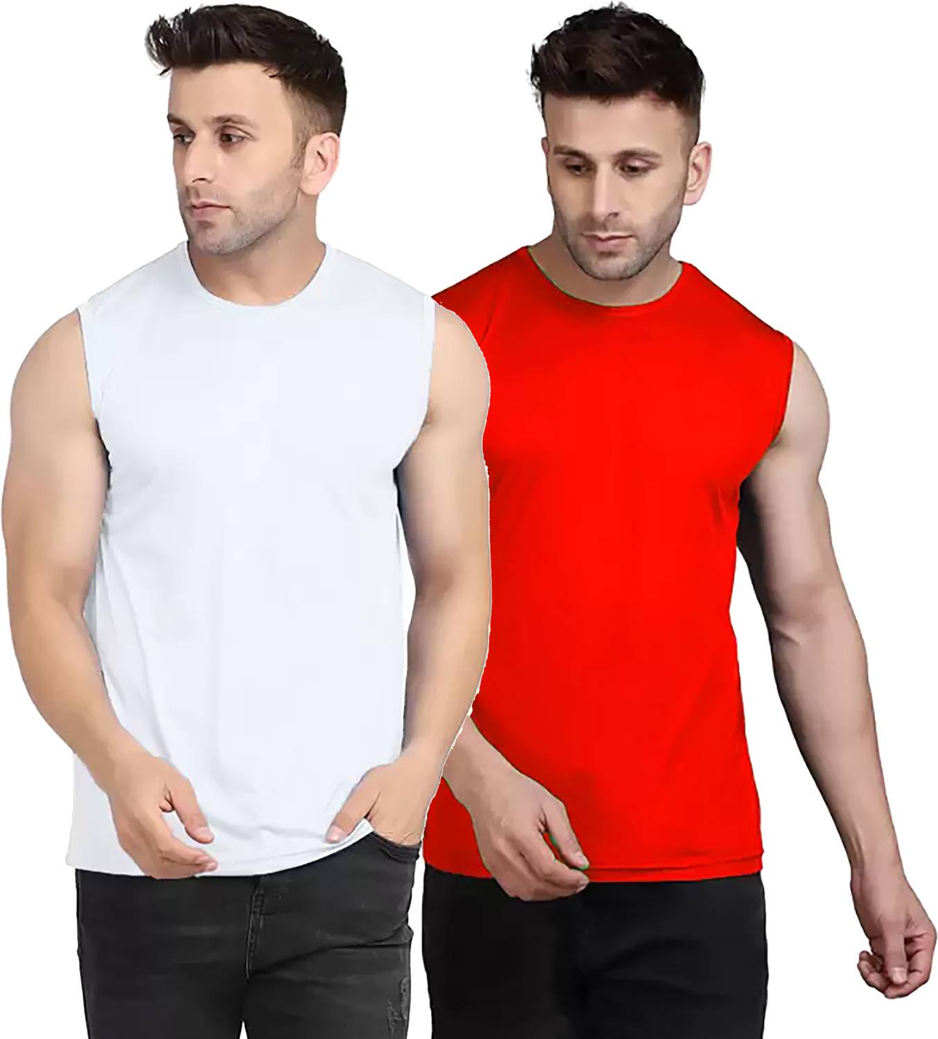 Renowned Pack of 2 Men Solid Round Neck Polyester White, Red T-Sh